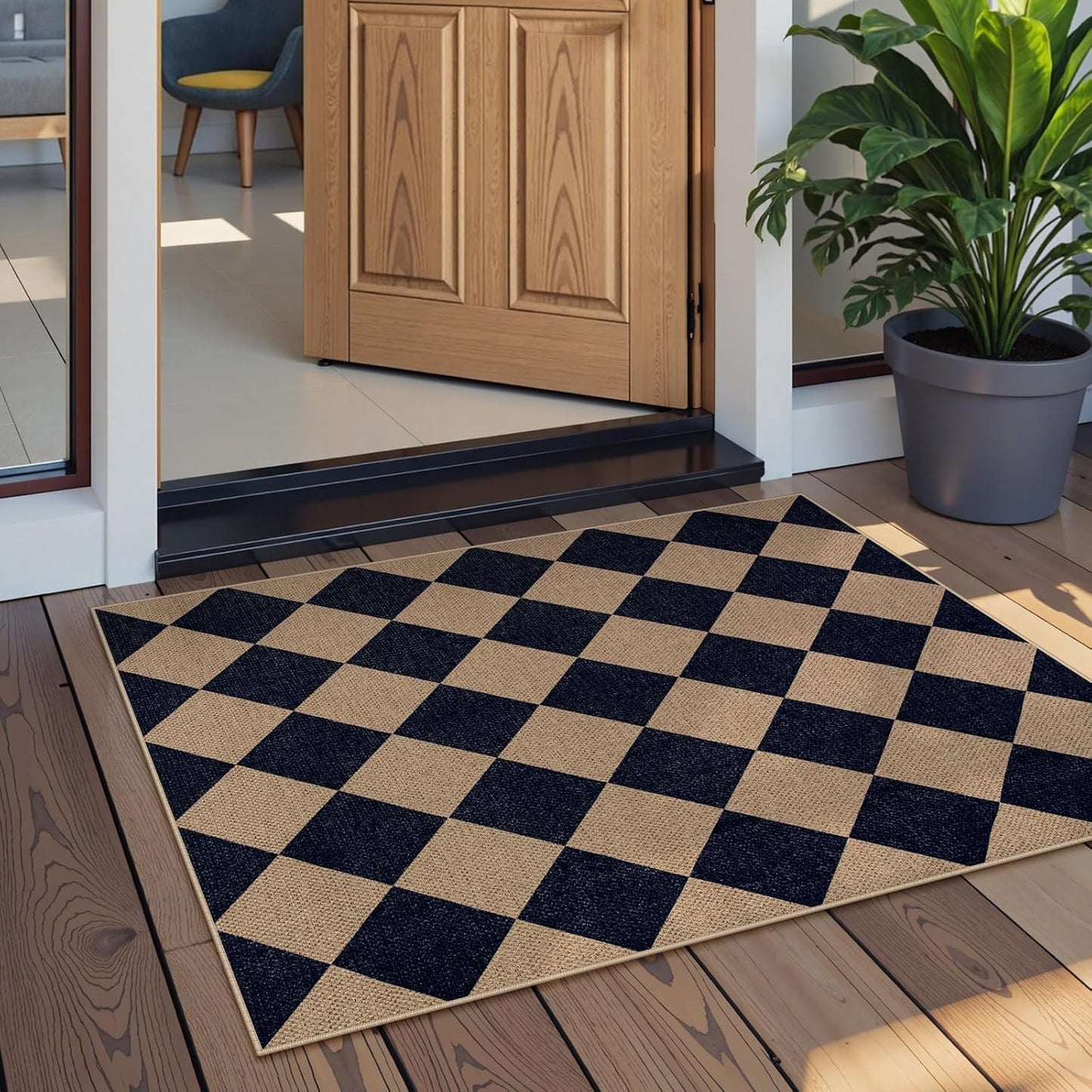 Lahome Checkered Easy Jute Kitchen Rug, 2x3 Indoor Door Mat Small Neutral Area Rug, Farmhouse Diamond Non Slip Non Shedding Lightweight Floor Carpet for Entry Porch