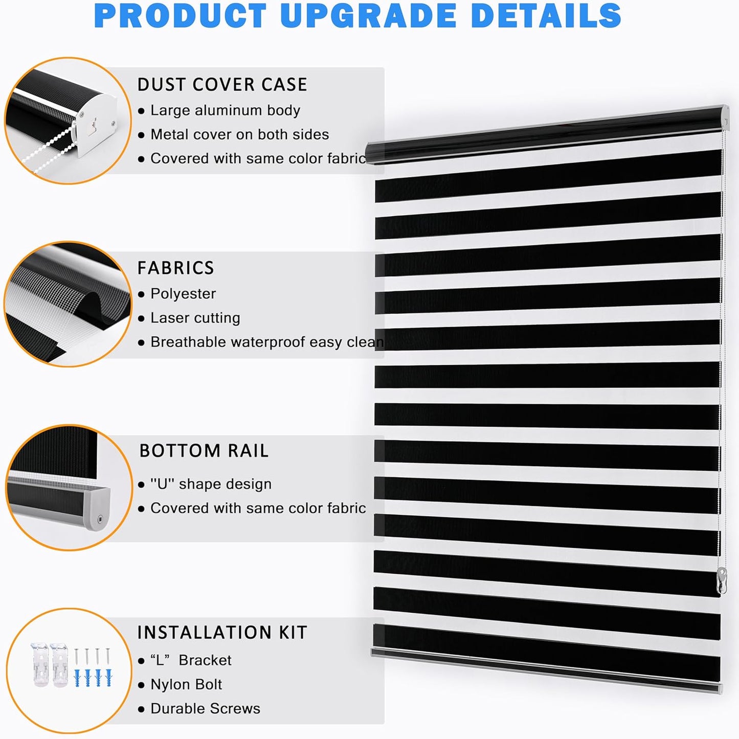 Blackout Zebra Blinds, Dual Layer Free-Stop, Room Darkening Zebra Shades, Blinds for Indoor Windows, Light Filtering Privacy Sheer Shade for Home(66" W X 72" H, Black)