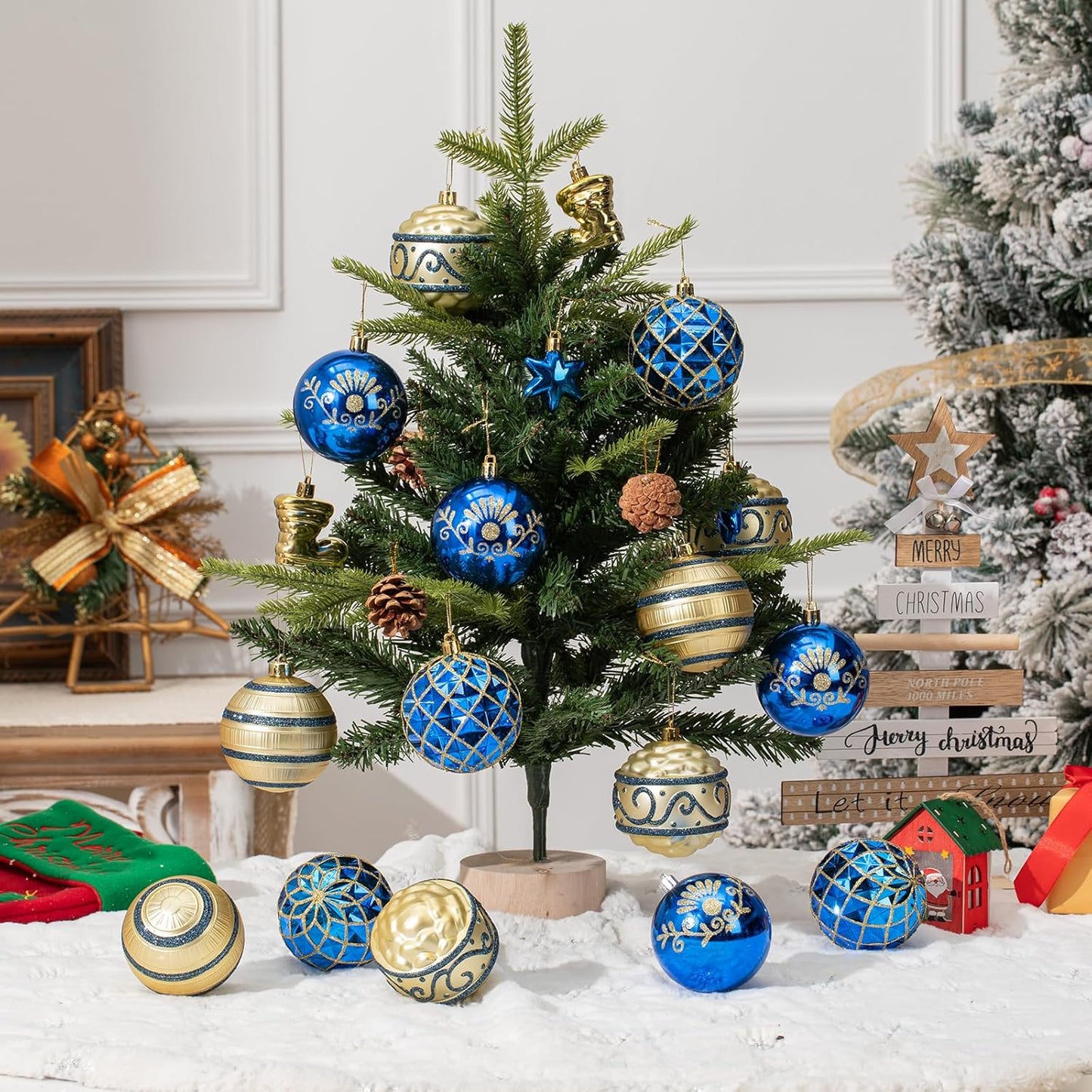 150Pcs Christmas Ball Ornaments Set, Assorted Bauble Ornaments for Xmas Tree, Shatterproof Plastic Hanging Decor for Home/Indoor/Outdoor/Festival/Party (Blue & Gold)