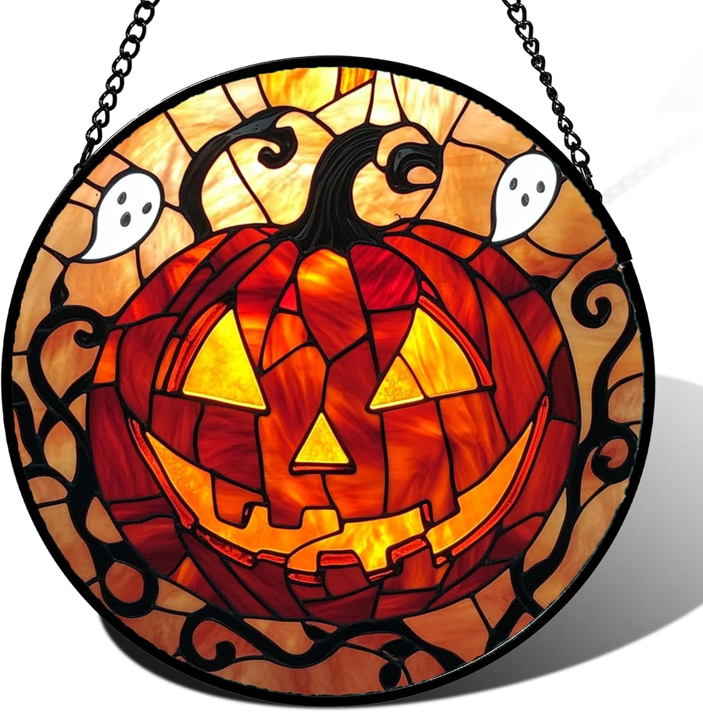 Stained Glass Window Hanging - Halloween Decorations Evil Pumpkin Orange Suncatcher for Doors Garden Indoor Funny Spooky Sun Catchers Gothic Decor Horror Gifts for Women Men Friend 15 in