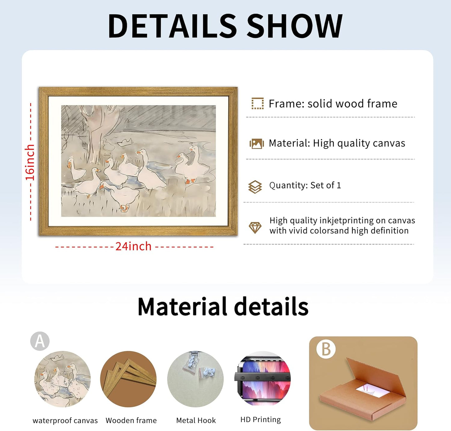 Vintage Framed Goose Wall Art Watercolor Print, Rustic Farm Duck Decor Canvas Painting, Minimalist Pastoral Poster Picture, Country Cottage Wall Decor for Living Room Kitchen Bathroom Bedroom 16x24 in