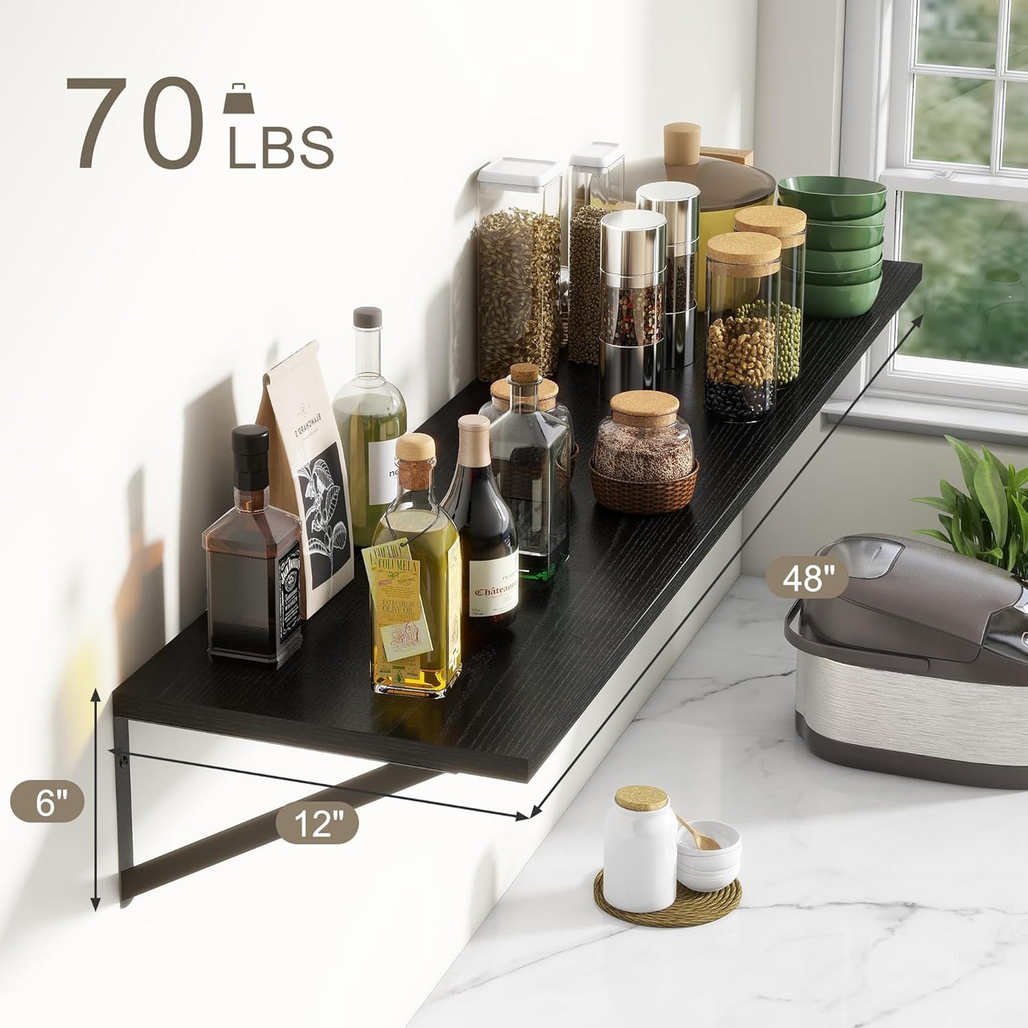 12 Inch Deep Floating Shelves, Black Floating Shelves 48W x 12D, Deep Wall Shelves Bracket Set of 2, Large Display Hanging Floating Shelf for Bathroom, Living Room, Wide Storage Wooden Wall Shelf