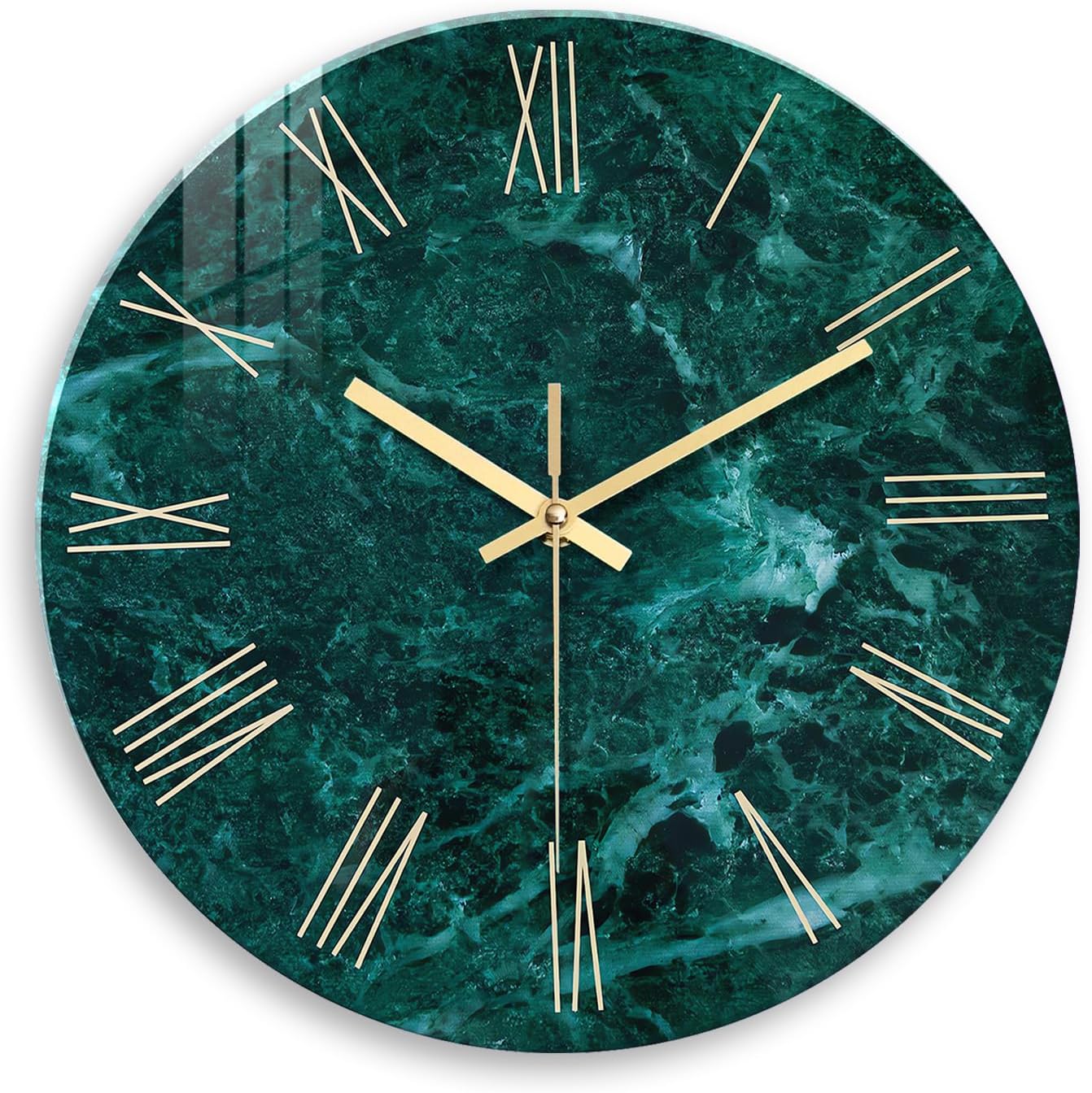 Teal Wall Clock Battery Operated 14 Inch Modern Abstract Clocks for Living Room Decor Marble Pattern Glass Analog Wall Clock Silent