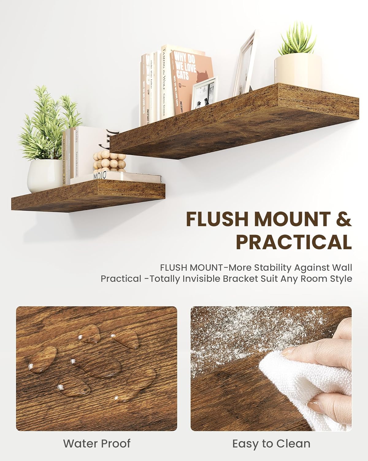 Marsmiles 16" Floating Shelves for Wall, Wooden Shelves with Invisible Brackets Set of 2, Rustic Farmhouse Wall Mounted Shelf for Kitchen Bathroom Living Room Study, Rustic Brown