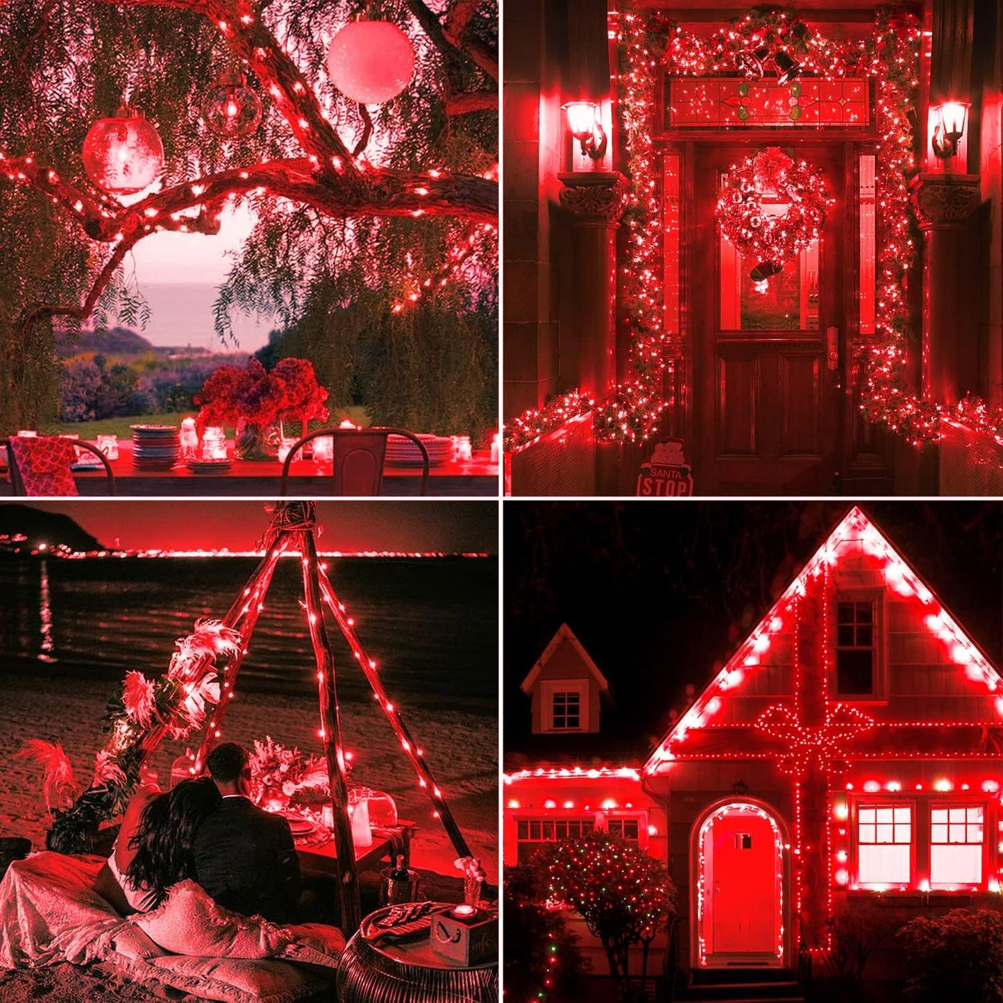 JMEXSUSS 4 Pack 400 LED 132FT Red Solar Fairy Lights Outdoor Waterproof, 8 Modes Copper Wire Solar String Lights for Outside Patio Garden Christmas Decorations