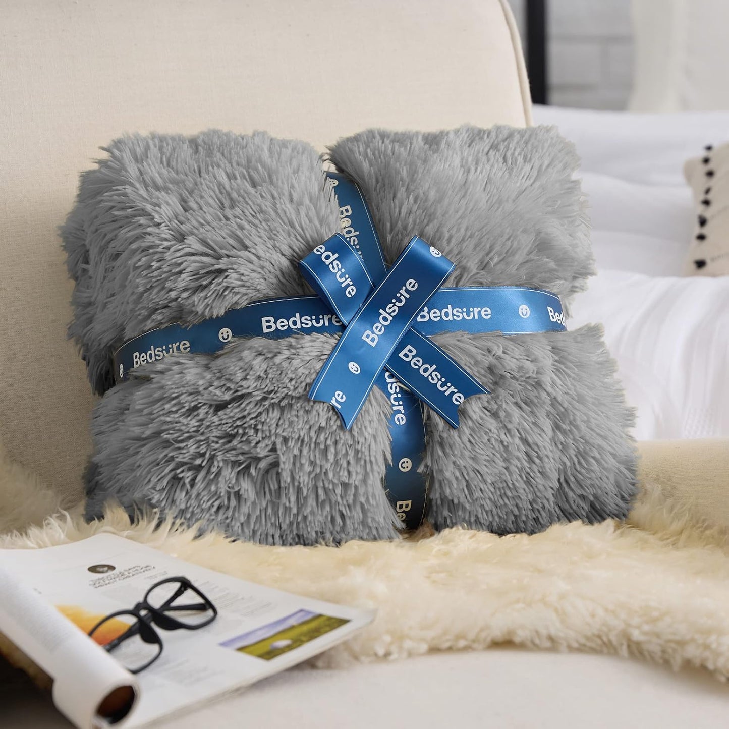 Bedsure GentleSoft Fluffy Grey Throw Blanket, Grey Decor Cozy Gifts for Women Men, Soft Sherpa Fleece Fuzzy Plush Thick Warm Minky Faux Fur Throw Blanket for Couch Bed Sofa, Gray Gifts for Dad, 50x60