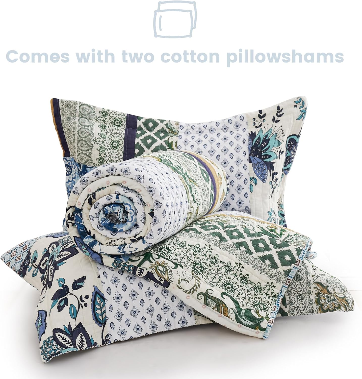 Secgo King Size Comforter Set- 100% Cotton Quilt King Size Set, Green, Sage bedspreads (98 * 106 Inch) with 2 Pillow Shams, Patchwork Reversible Lightweight Bedding