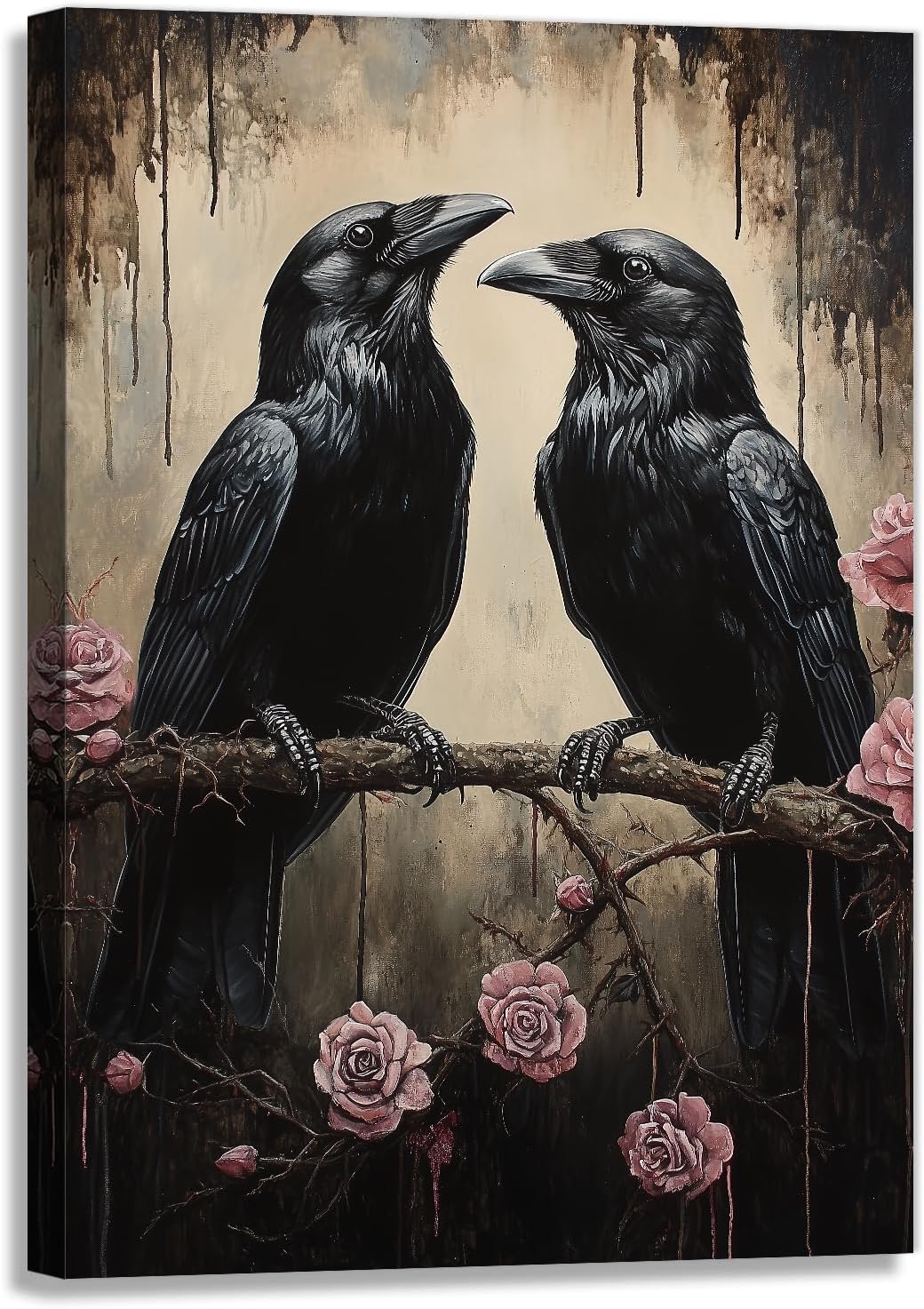 OAAPITI Crow Canvas Wall Art Black Raven Picture Print Pink Rose Poster Vintage Gothic Painting Artwork for Living Room Halloween Decor(Artwork-6,12"x18")