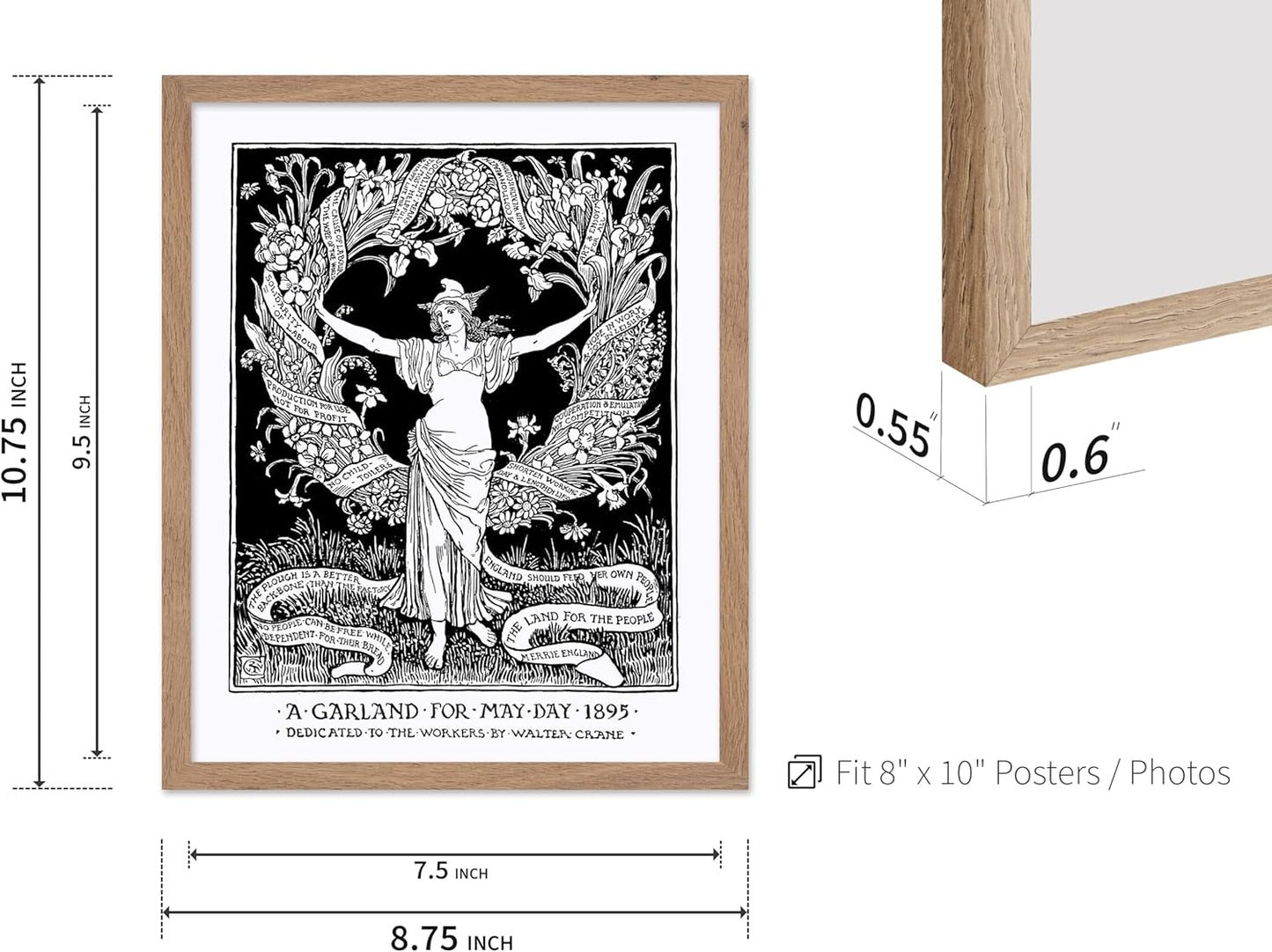 Poster Master Vintage Walter Crane Poster - Retro A Garland for May Day Print - Socialist Art - Gift for Him, Her, Men, Women - Wall Decor for Home, Office, Living Room, 8x10 Beige Framed