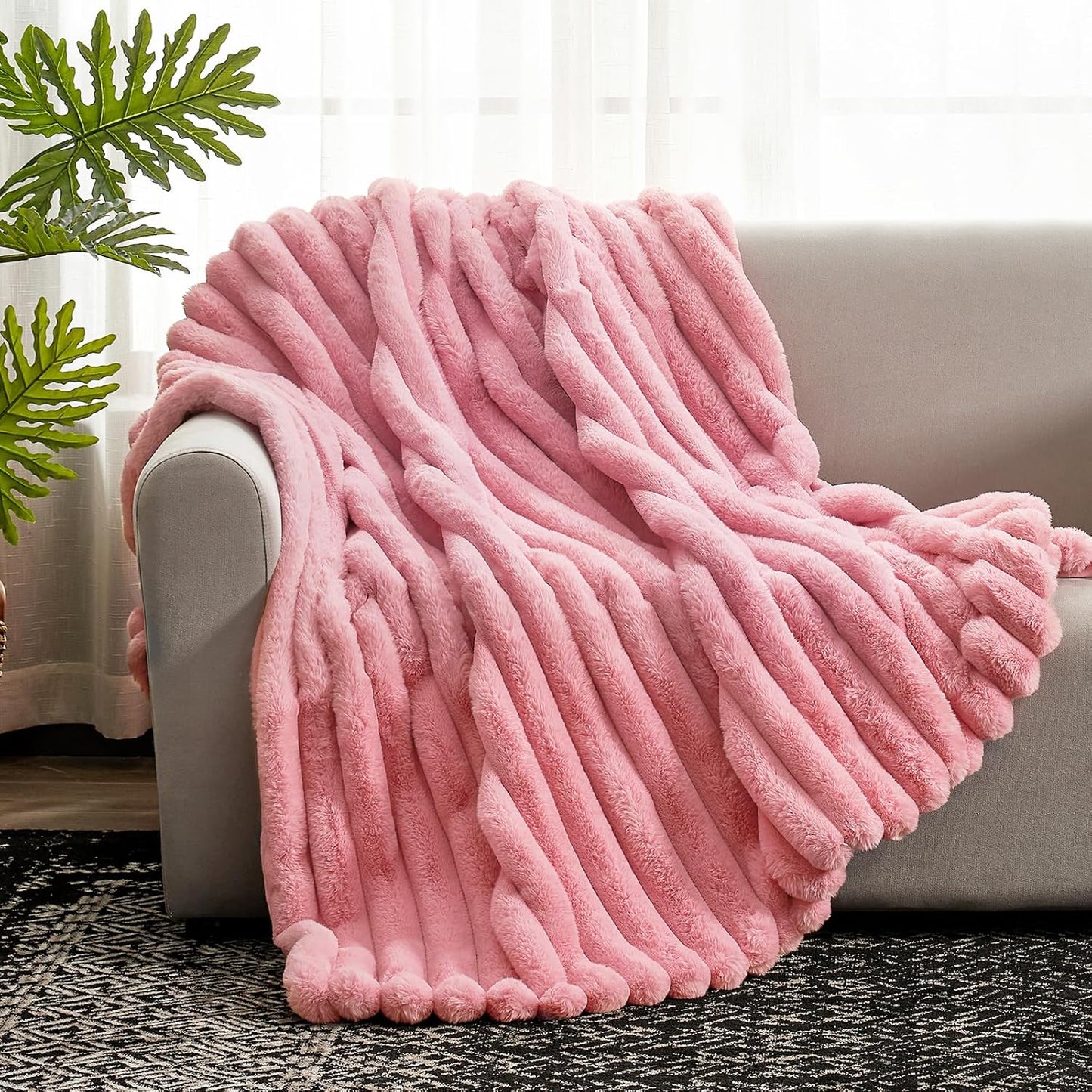 Cozy Bliss Faux Fur Throw Blanket for Couch, Cozy Warm Plush Striped Blanket for Sofa Bedroom Living Room,60 * 80 Inches Hot Pink