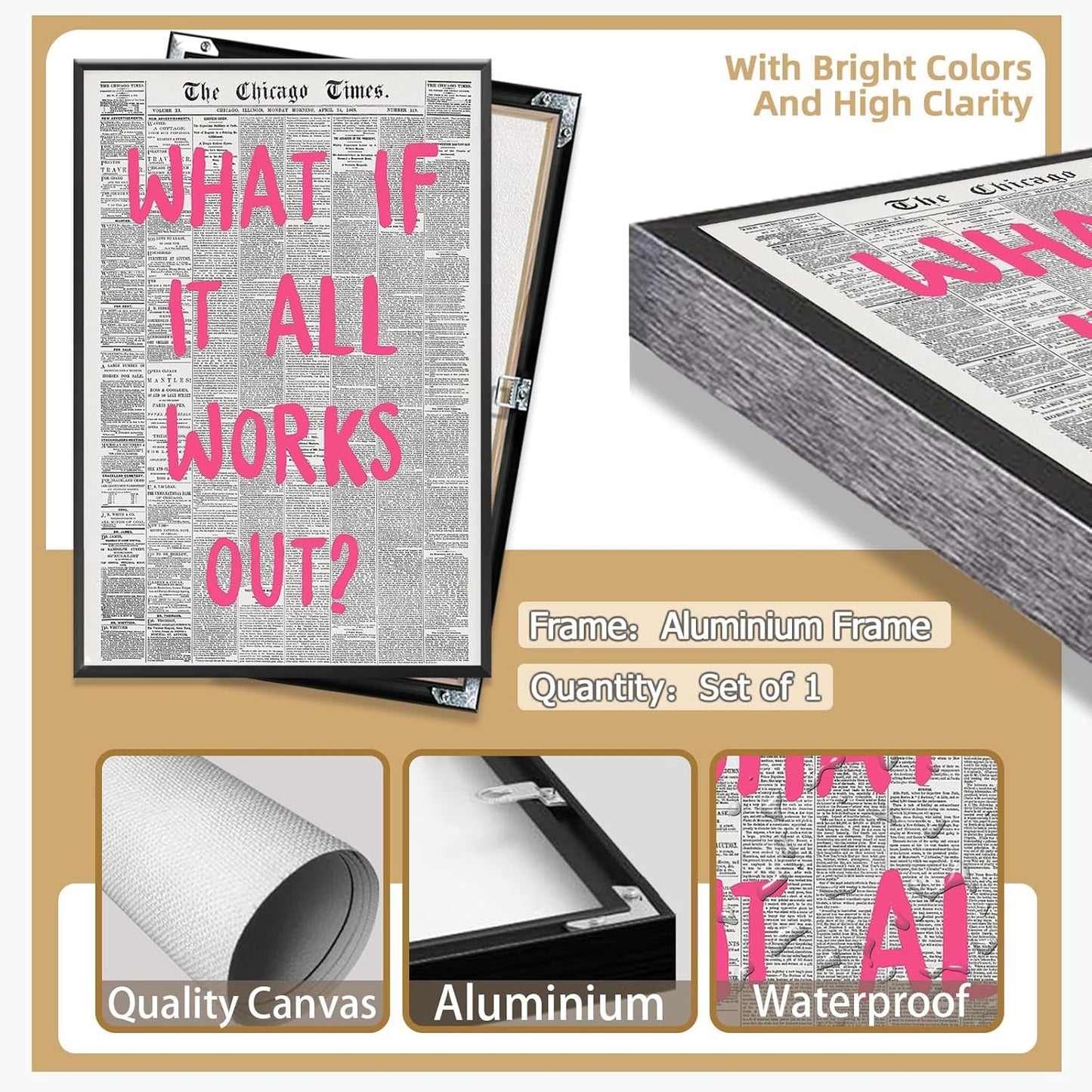 Liyark Retro Trendy Newspaper Canvas Wall Art 'What If All Works Out' Poster - Positive Affirmation Quote - Pink Font - Minimalist Home Decor - Framed 12x16in