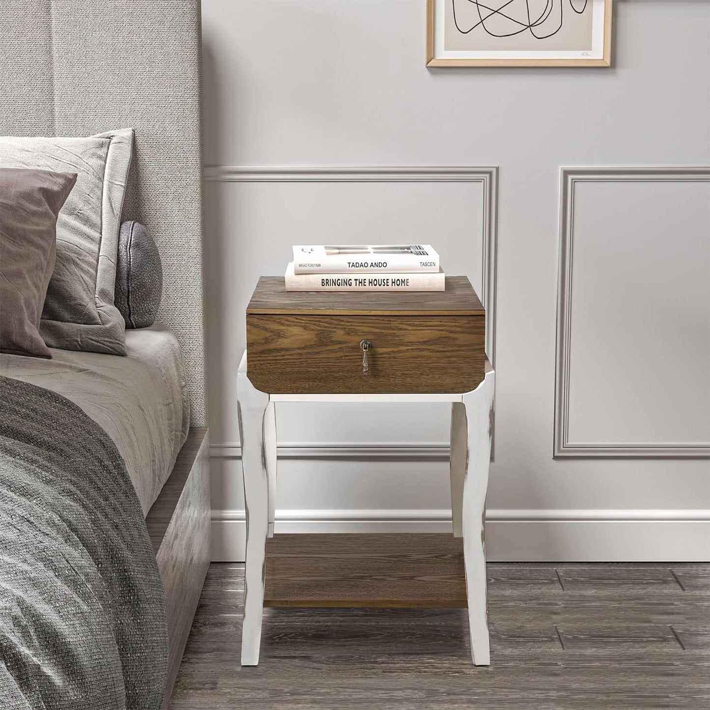COSIEST Rustic Nightstand, 2-Tier Farmhouse Bedside Table, Wood Accent End Table with Storage Drawer and Open Display Shelf for Bedroom Nursery Living Room(Walnut)
