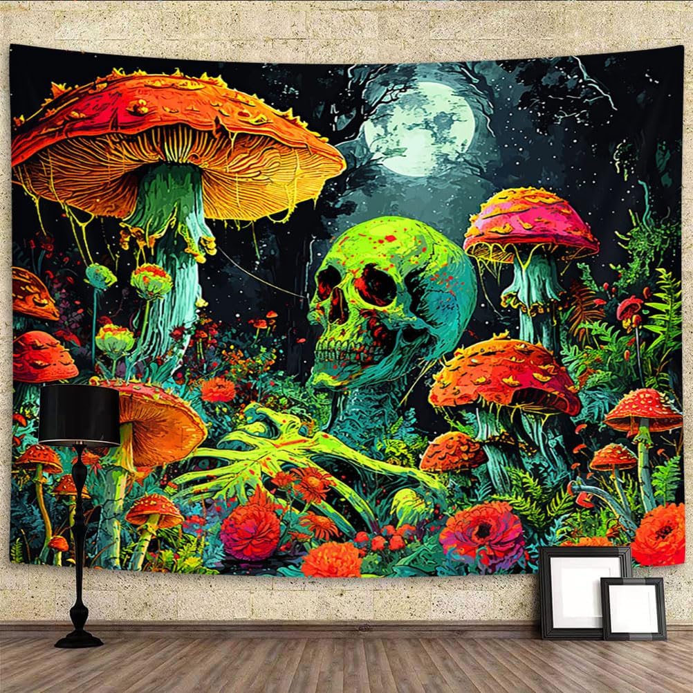 Xiaoput Blacklight Skull Wall Art, UV Reactive Neon Gothic Tapestry for Men, Glow in Dark Trippy Forest Wall Hanging for Home Decor, 90x70IN