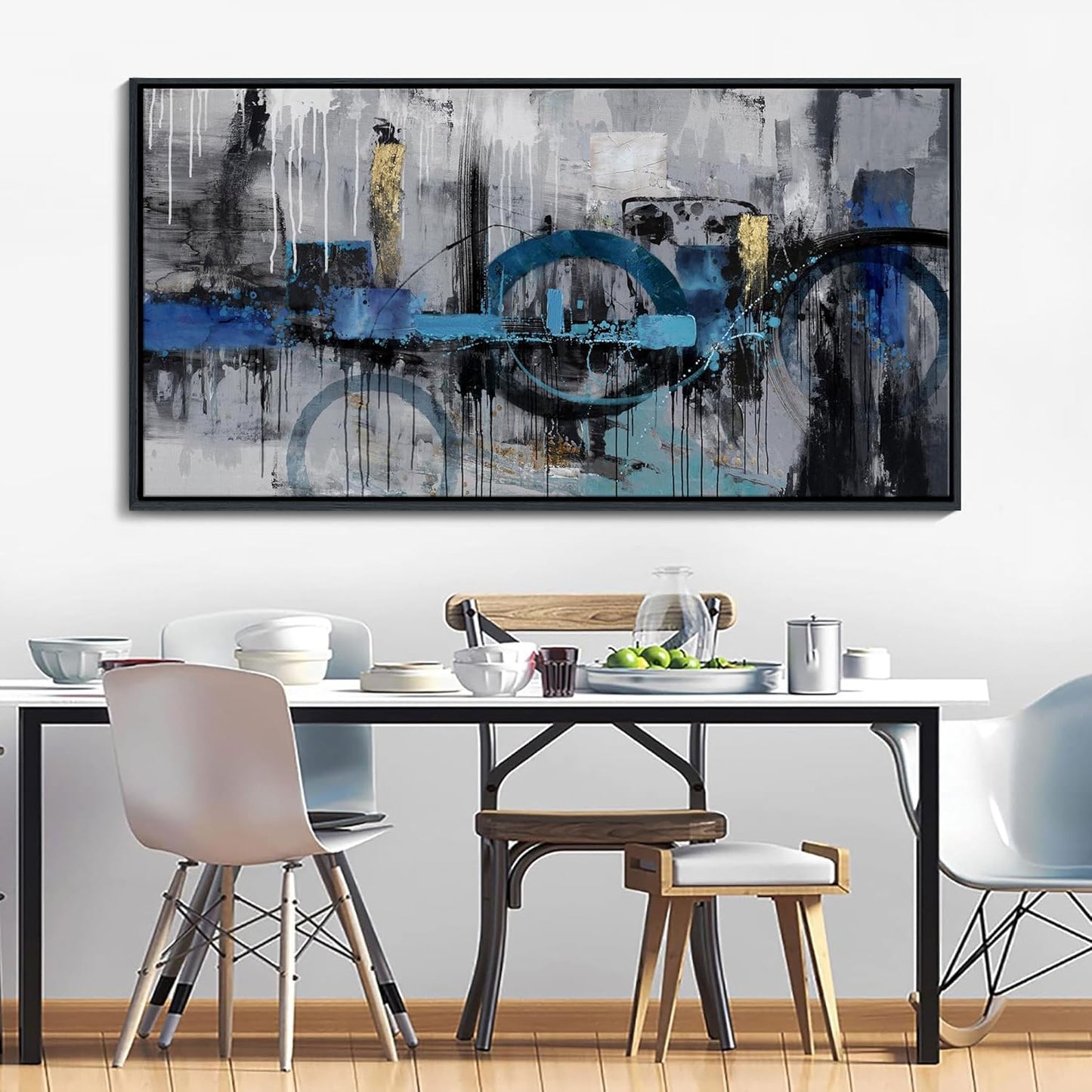 KLAKLA Large Abstract Wall Art Canvas - Blue and Gray Lnk Style Gold City Scenes Wall Decor Living Room Bedroom Decoration Black Frame Picture Artwork for Wall Modern Landscape Wall Decor