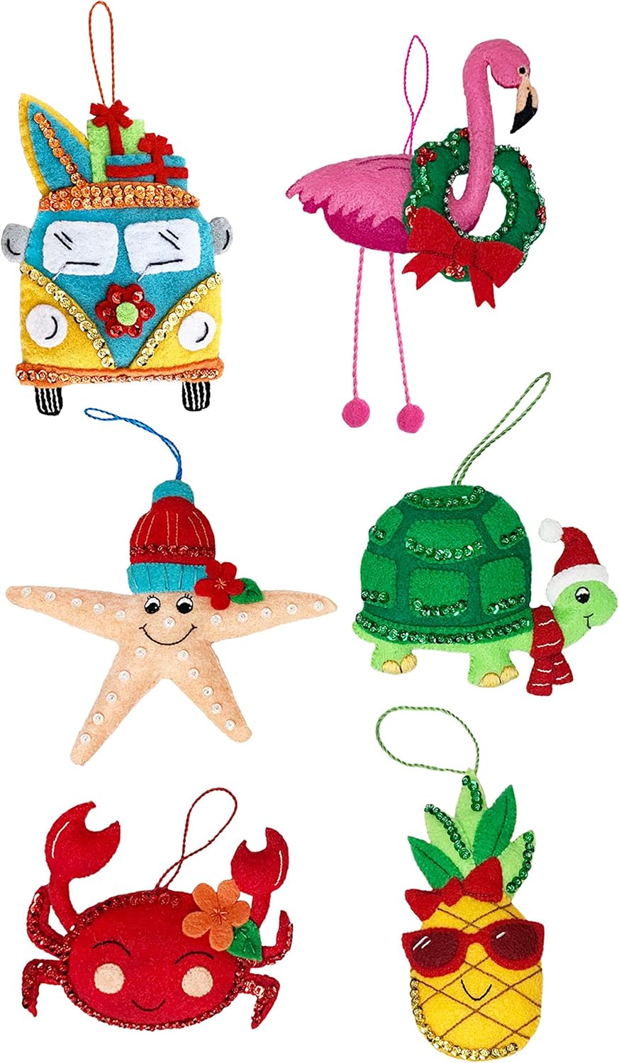 MerryStockings Tropical Tidings Felt Ornament Kit (Set of 6) – DIY Christmas Craft with Pre-Stamped Felt, Sequins, Beads & Instructions – Handmade Holiday Décor – Made in USA