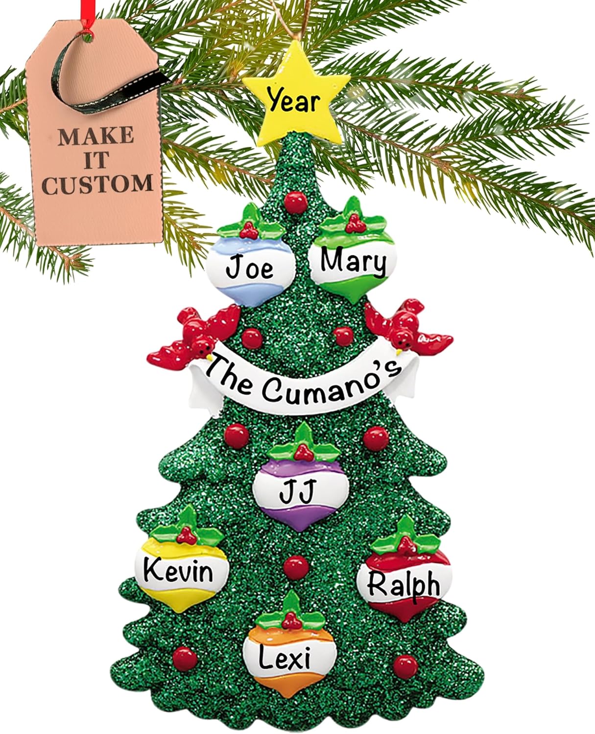 Personalized Family of 6 Ornament 2025 | Free 24h Customization | Christmas Ornaments for Tree | Custom Gift Wrapped Green Glitter Keepsake for Six Persons