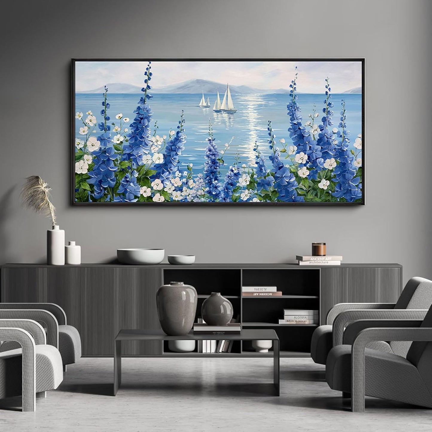 XLSJERST Large Sailboat Wall Art - Blue Canvas Abstract Painting Textured Picture Artwork Vintage Nautical Flower Painting Coastal Modern Print 24"x48" Frame for Living Room Office Home Decoration