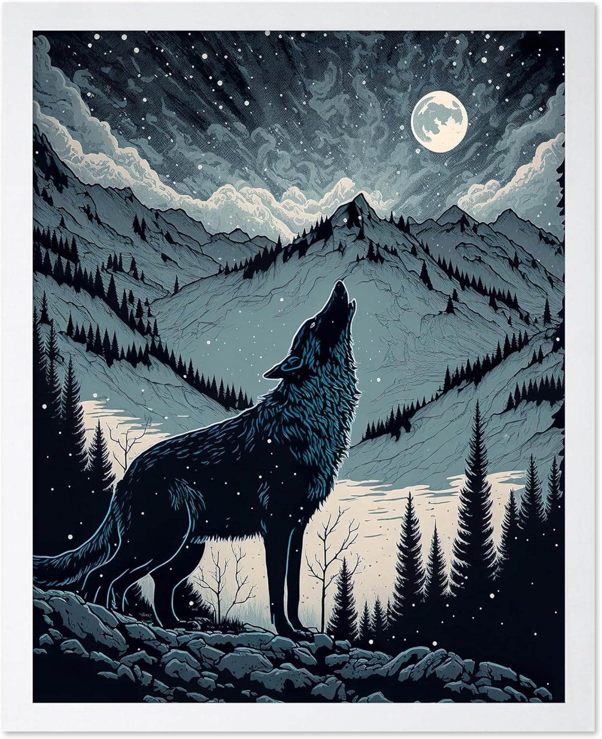 Poster Master Vintage Illustration Poster - Retro Animal Print - Gift for Artist, Friend - Wolf Howling at the Moon, Mountain, Snow, Landscape - Wall Decor for Home, Office, 16x20 White Framed