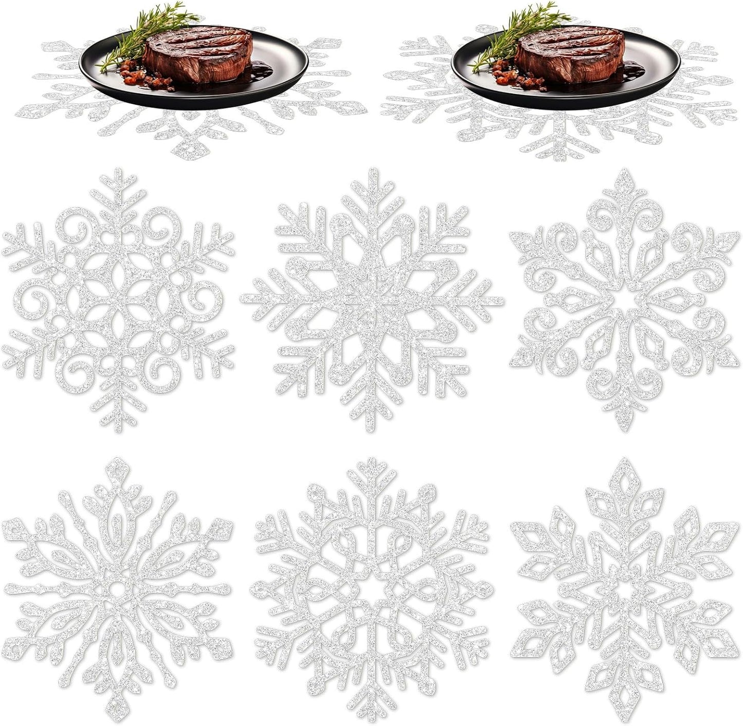 60Pcs Christmas Snowflake Paper Placemat Silver Glitter Snowflake Disposable Place Mat Winter Dining Table Mats for Xmas Birthday Party Kitchen