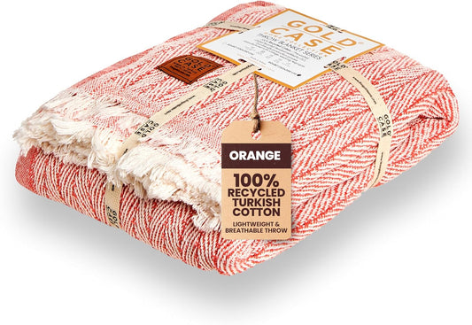 Gold Case Throw Blanket for Couch – 100% Recycled Turkish Cotton Blankets & Throws – Elegant Decorative Throw Blankets for Living Room Sofa – Woven Throws for Couch – Vintage Orange – 50x60