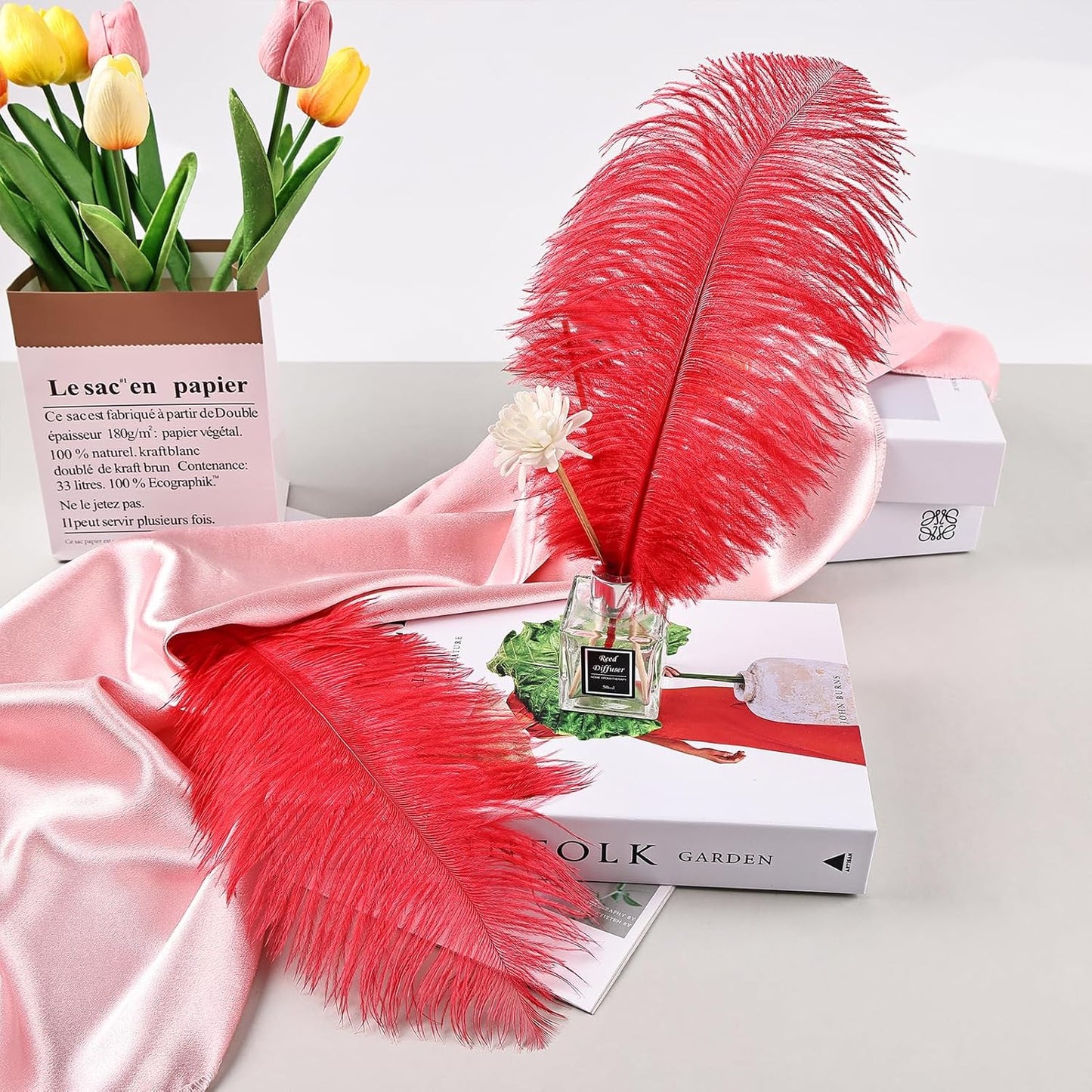 THARAHT Red Ostrich Feathers 12pcs Natural Bulk 8-10Inch 20cm-25cm for Crafts Wedding Party Centerpieces Flower Arrangement Halloween and Home Decoration Feathers