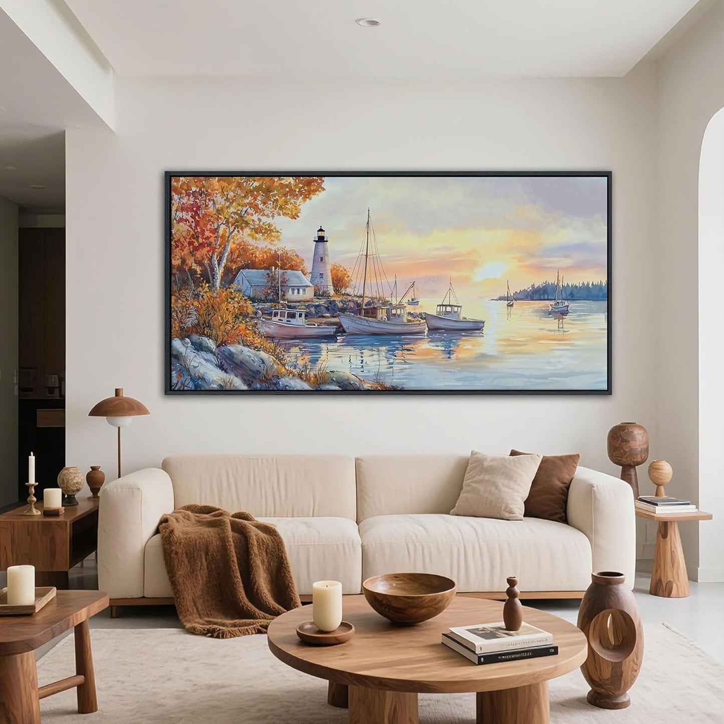 QZQCBLC Harbor Landscape Wall Art, Large Sunset Over the Sea Boat Gallery Pictures Artwork Modern Lighthouse Ocean View Paintings Framed for Living room Bedroom kitchen Home Office Decor 29x58 IN