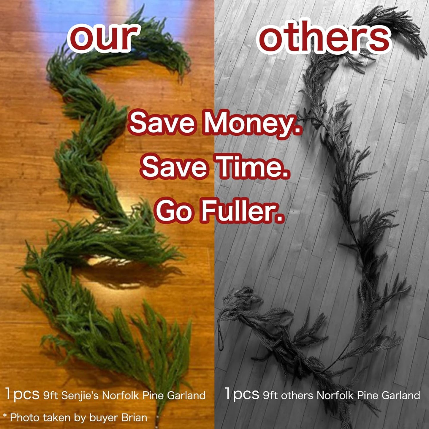 9FT Christmas Garlands Norfolk Pine Garland Real Touch Artificial Faux Greenery Garland for Holiday Indoor Outdoor Decor