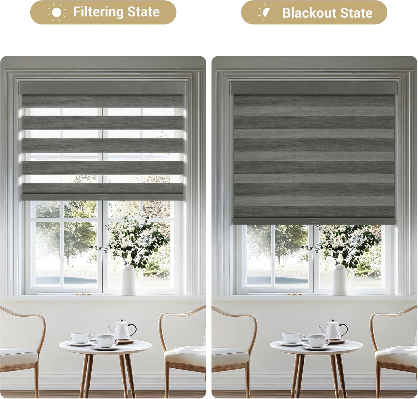 Cordless Zebra Blinds for Windows, Blackout Interior Blinds,Easy to Install,UV Protection,for Offices and Home,Custom Roller Shades, Mousse Grey,86" W x 48" H