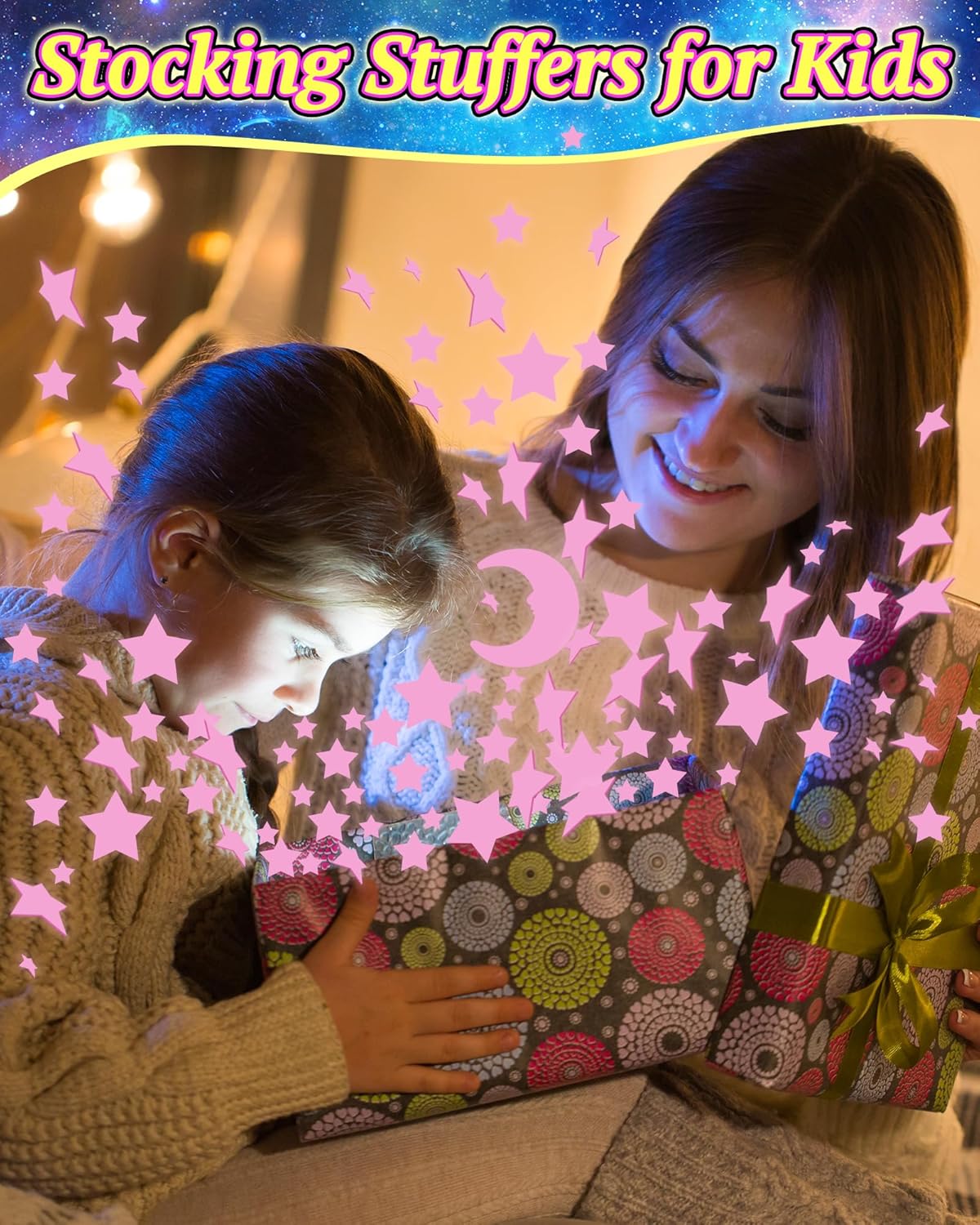 201 Pcs Glow in The Dark Stars Stickers for Ceiling, Pink Toddler Wall Room Decor Gifts, Luminous 3D Glowing Stars Stocking Stuffers for Kids Boys Girls