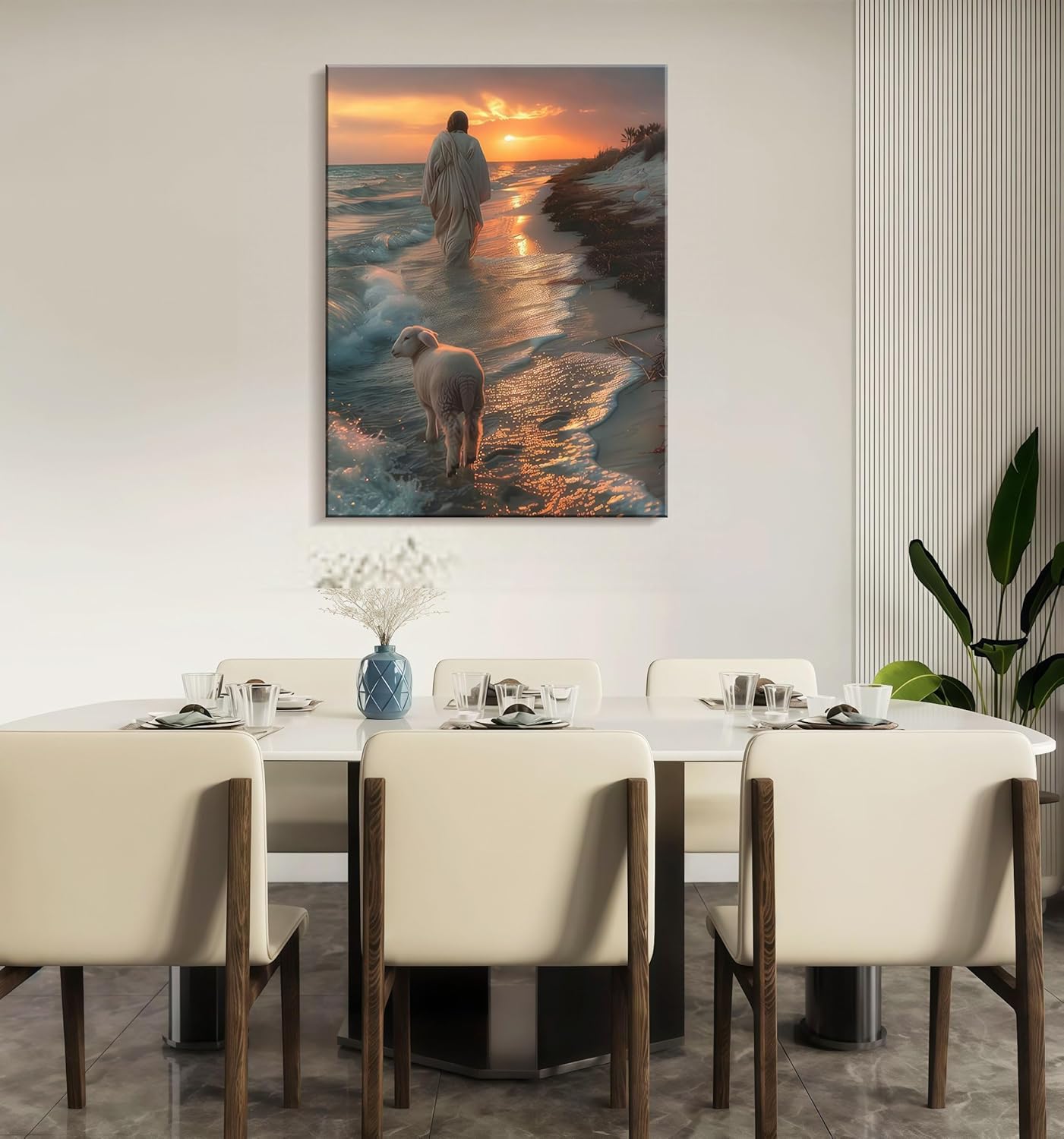 Framed Canvas Jesus and the Lamb Walking on the Beach Wall Decor Wall Art Gallery Decor Unique Print Wall Decor for Living Room Bedroom Church Home Decor 24x36 Inch Ready to Hang