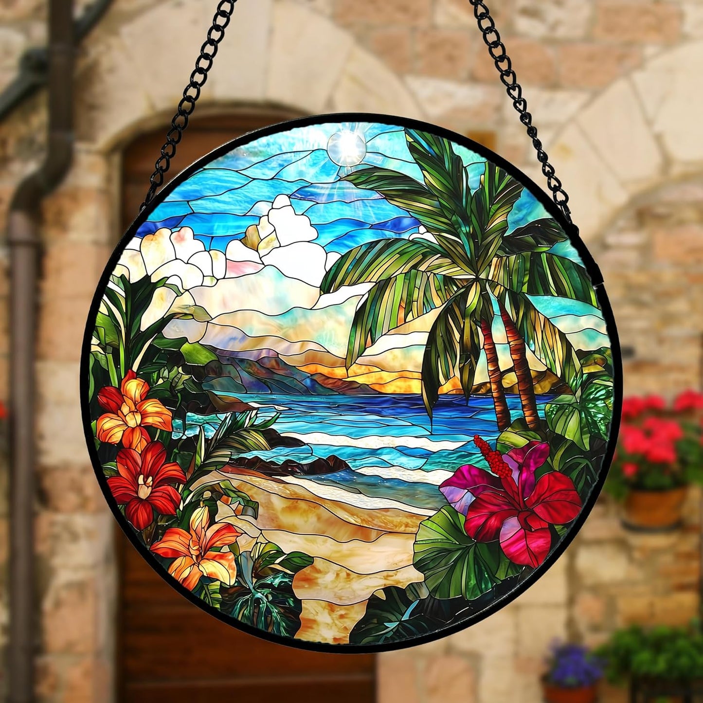 Stained Glass Window Hanging, Blue Beach Scenery Suncatcher Diamond Glass Panel Hangings Sun Catchers Decor for Birthday for Women, Men, Wife, Aunt, and Mom 7.8 in