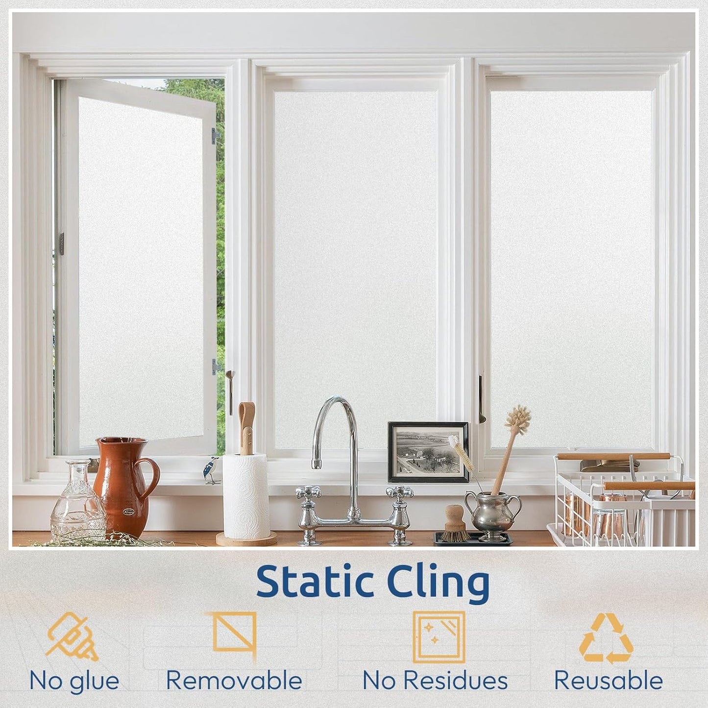rabbitgoo Window Privacy Film, Non-Adhesive Frosted Glass Window Film for Bathroom, Static Cling Heat Blocking Stickers for Home Indoor Opaque Frosting Coverings House Tint, Matte White 29.5" x 118.1"