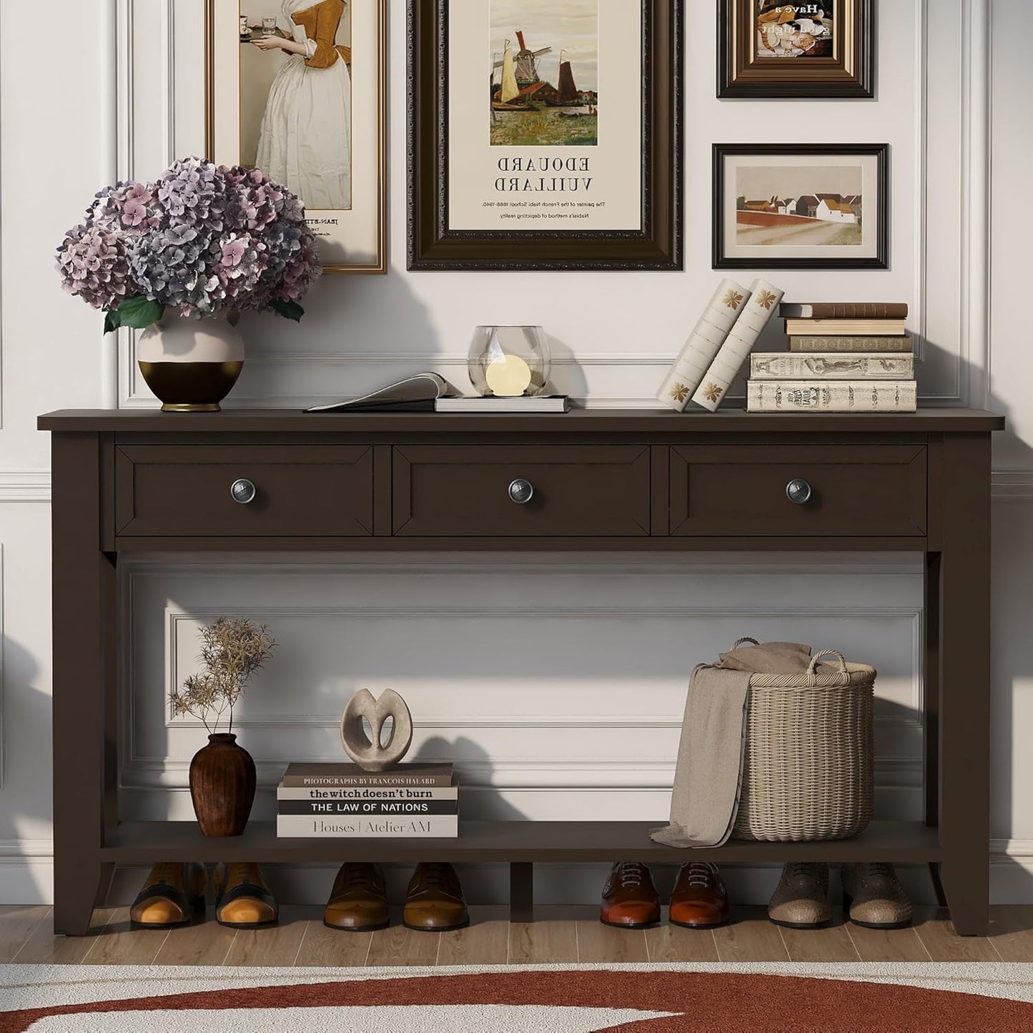 Farmhouse Modern Console Table 55.4-Inch Entryway Sofa Table with Drawers & Storage Shelf for Living Room Hallway Entrance, Dark Coffee