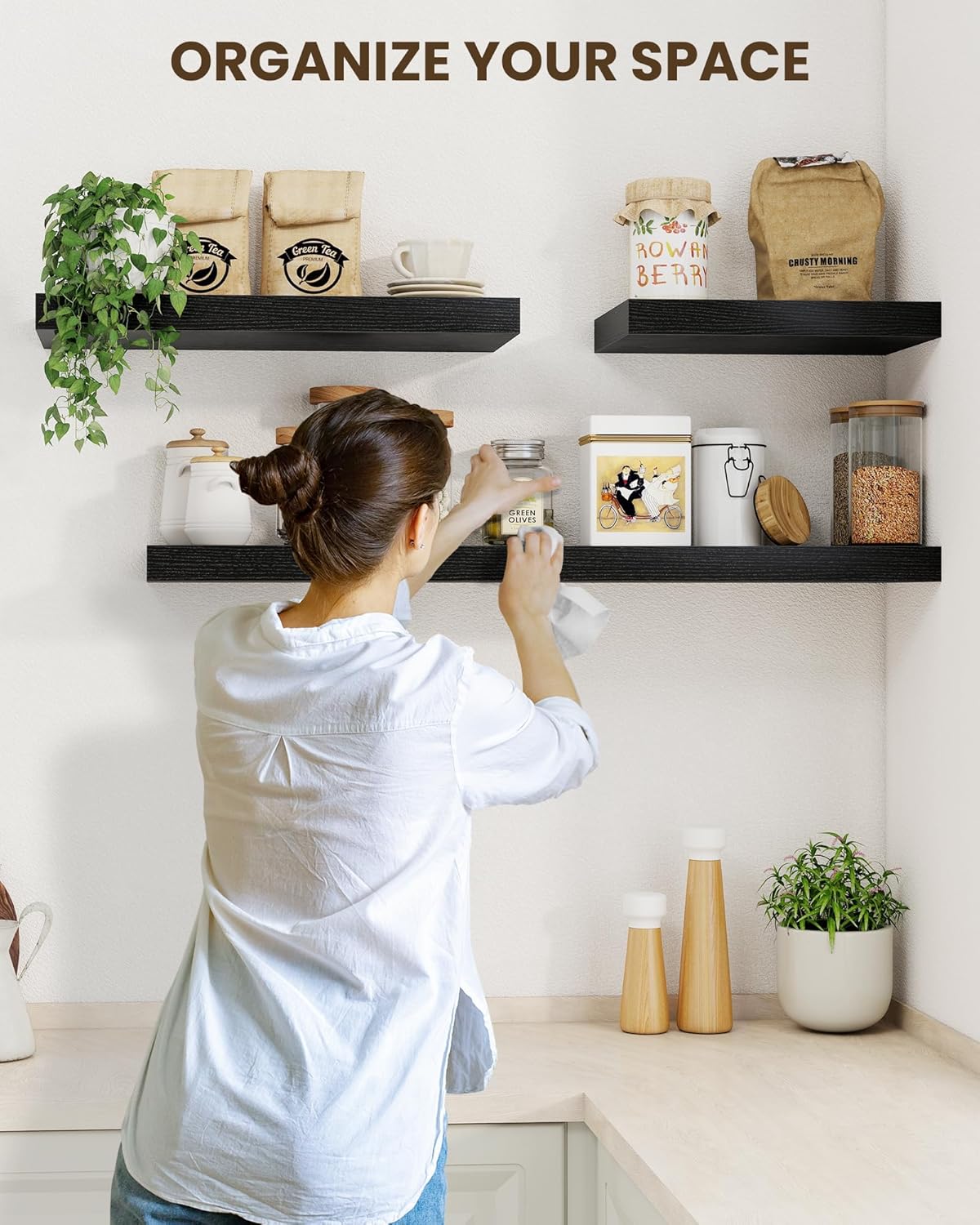 Marsmiles 6.7" Floating Shelves for Wall, Wooden Shelves with Invisible Brackets Set of 2, Rustic Farmhouse Wall Mounted Shelf for Kitchen Bathroom Living Room Study, Black