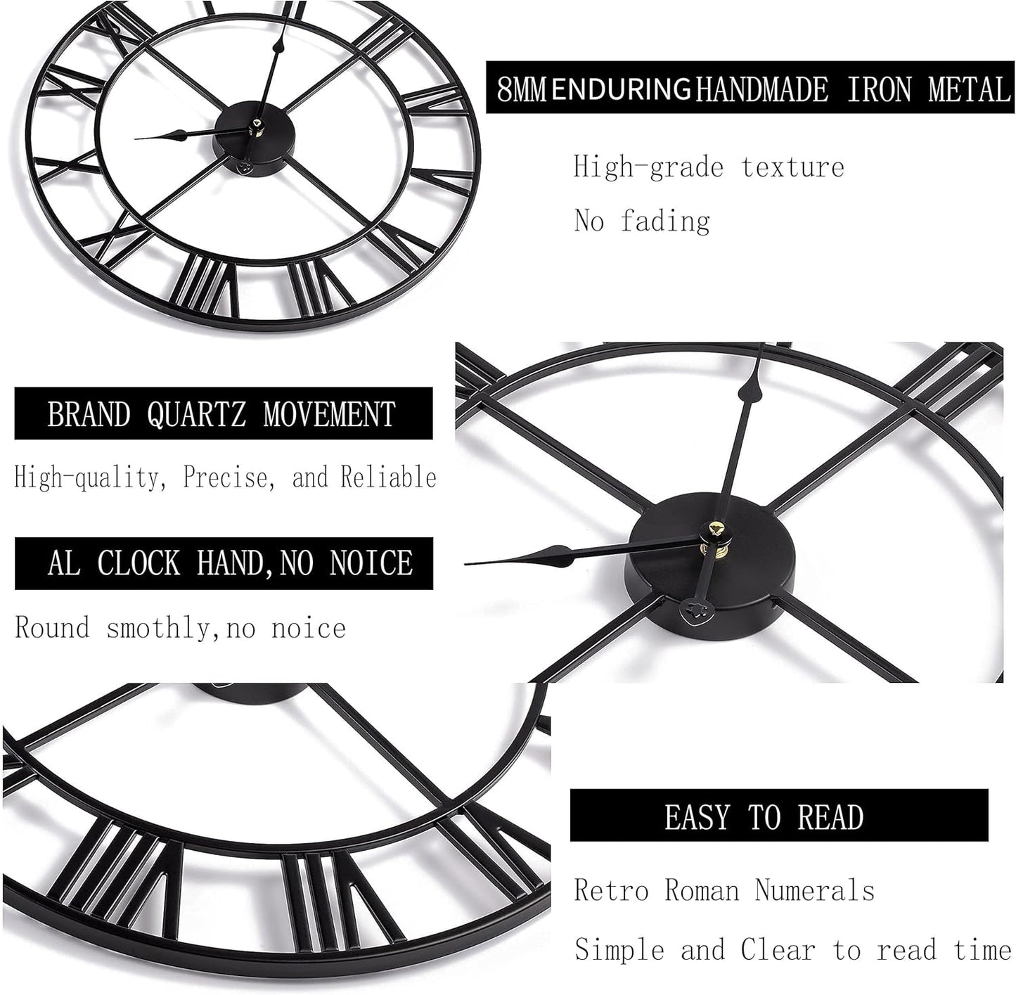 1st owned Large Wall Clock for Living Room Decor Silent Non-Ticking Decorative Wall Clock Roman Numerals Vintage Battery Operated (Black, 32 Inches)