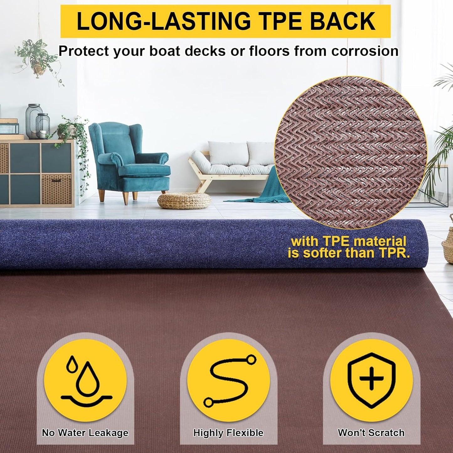 Marine Carpet,6 FT x 23 FT Deep Blue Indoor Outdoor Carpet 0.2" Thick Boat Carpet with Water-Proof TPE Backing, Non-Slide Outdoor Marine Carpet Roll for Home, Patio, Porch, Deck