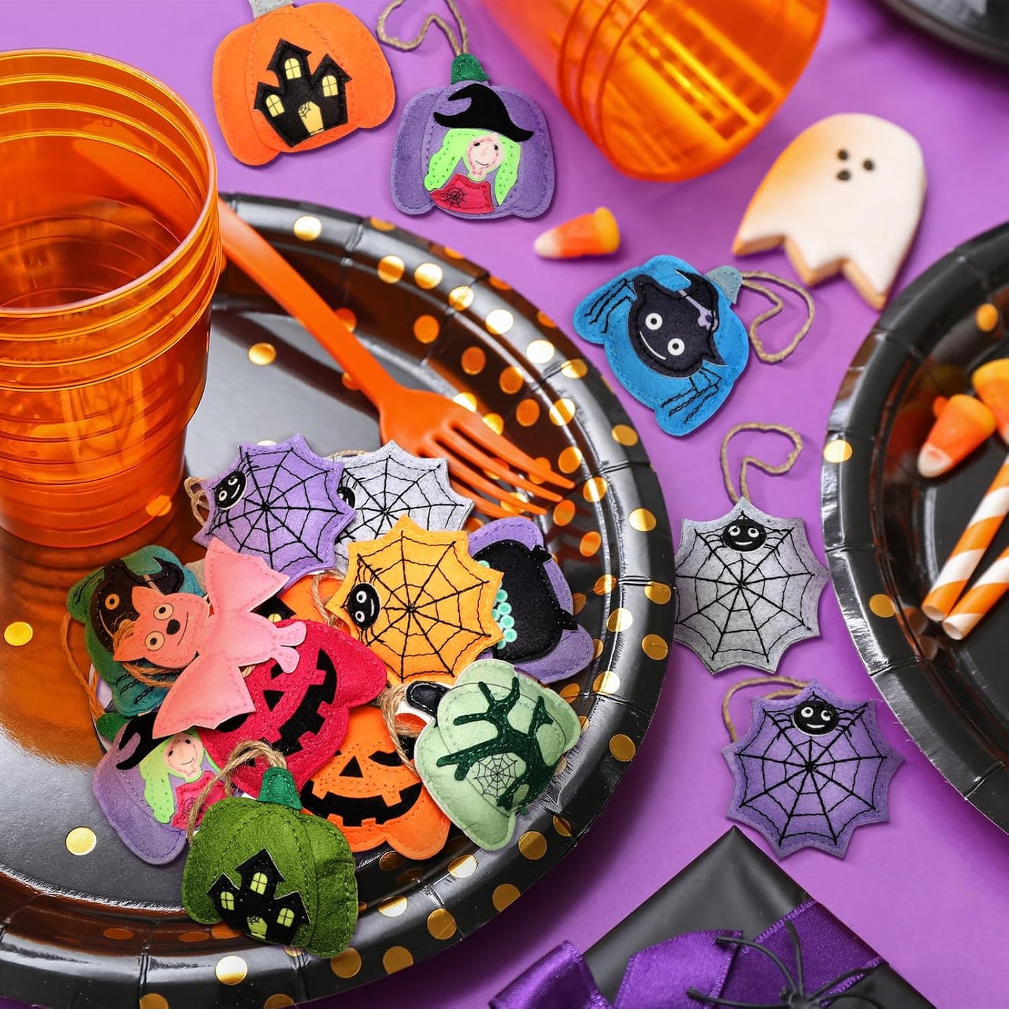 12 Pcs Halloween Felt Ornaments Spooky Pumpkin 3D Hanging Ornaments 3.15 Inch Spider Web Bat Tree Felt Decorations for Tree Halloween Party Decor