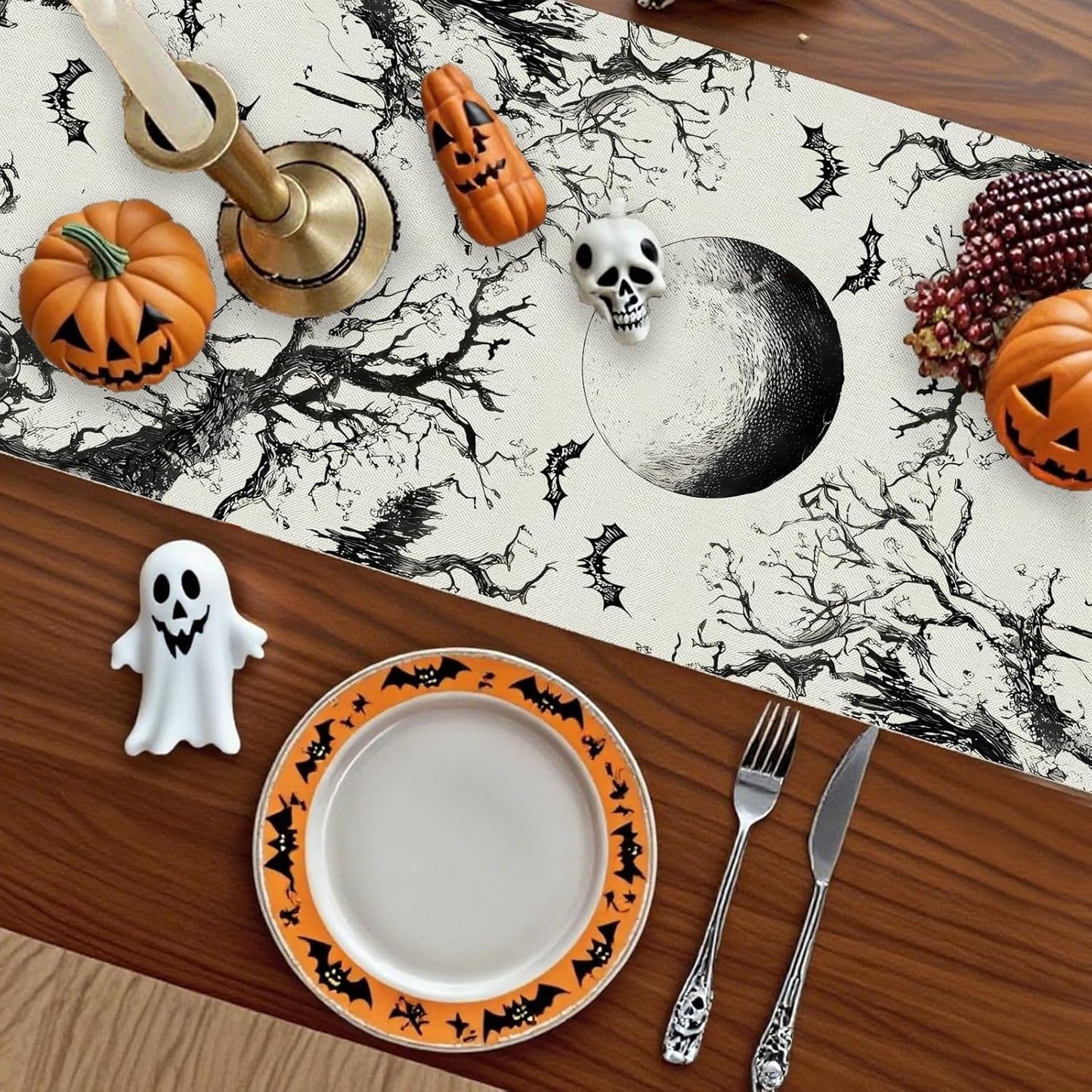 GPGHE Halloween Table Runner Black Ghost Holiday Burlap Table Decoration Indoor Outdoor Home Decor Party Supply 13 x 90 Inch