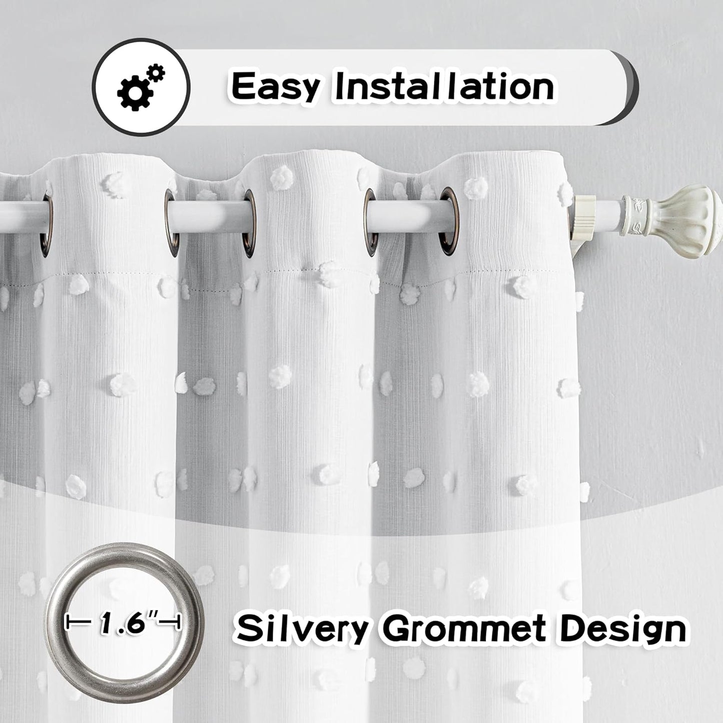 MYSKY HOME 100% White Blackout Curtains for Sliding Door 108 Inches Long Total Light Blocking Curtains for Living Room 2 Panels Grommet Room Darkening Drapes with White Pom Pom Sheer 52 x 108 Inch