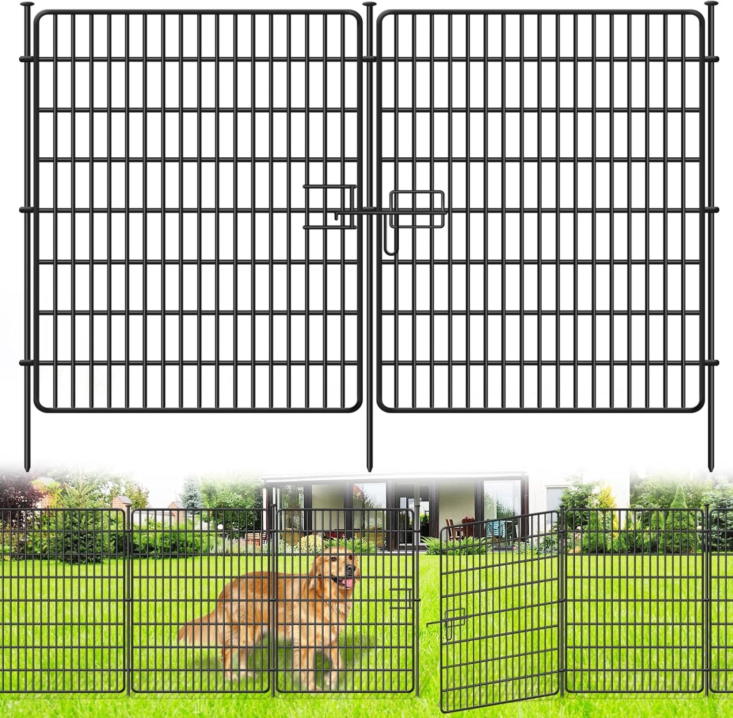 10 Panels No Dig Fence with Gate, 40 in(H) X 24 ft(L) Garden Decorative Fence Animal Barrier for Dogs, Rustproof Metal Garden Edging Border for Outdoor, Yard, Patio, Black