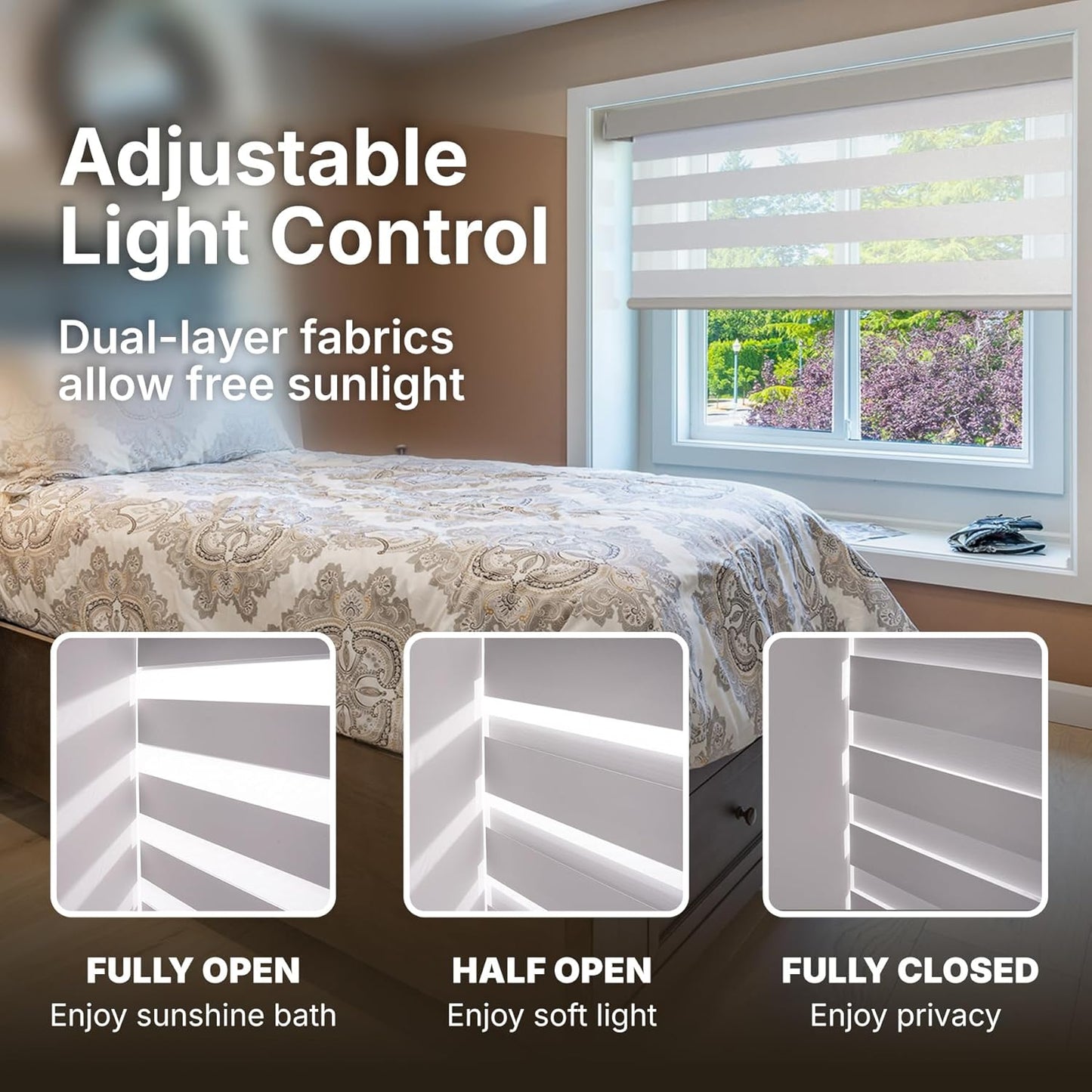 HESTIA Cordless Zebra Blinds Light Filtering Roller Shades UV Blocking Blackout Privacy Indoor Window Shades for Home Office Day and Night, Brown,38" W x 48" H