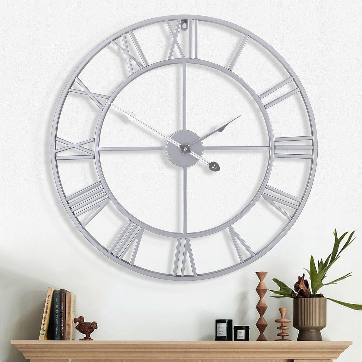 1st owned Large Wall Clock for Living Room Decor Silent Non-Ticking Decorative Wall Clock Roman Numerals Vintage Battery Operated for Kitchen Farmhouse Cafe Office Decor (Silver, 32 Inches)