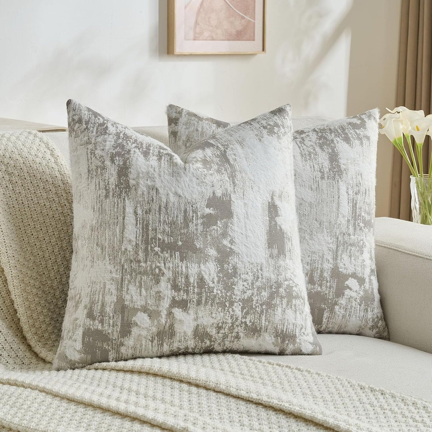 FUTEI Grey White Decorative Throw Pillow Covers 20x20 Inch Set of 2,Soft Faux Cashmere Jacquard - Textured & Cozy Cushion Case,Modern Home Decor for Couch Bed Living Room