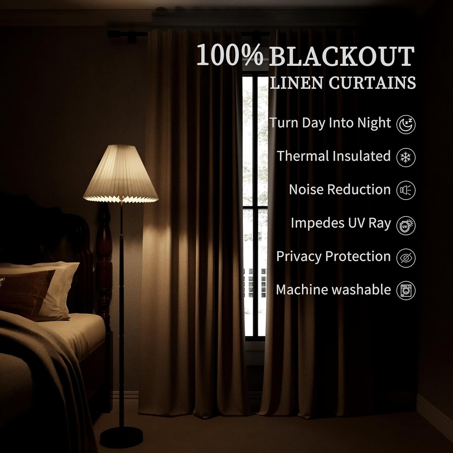BOODII 100% Blackout Curtains for Bedroom 95 Inch Length 2 Panels Set Room Darkening Linen Curtains Brownish Grey Black Out Curtain Neutral Thermal Insulated Living Room Winter Drapes Back Tab 52x95
