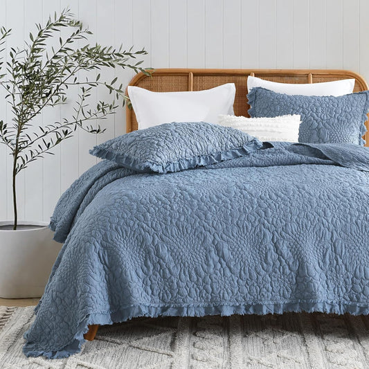 HORIMOTE HOME Blue Ruffled Quilt Twin Size, Stone-Washed Microfiber Lightweight Crinkled Farmhouse Rustic Shabby Chic Bedding Set, 2 Pieces Reversible Bedspread with Pillow Sham for All Season