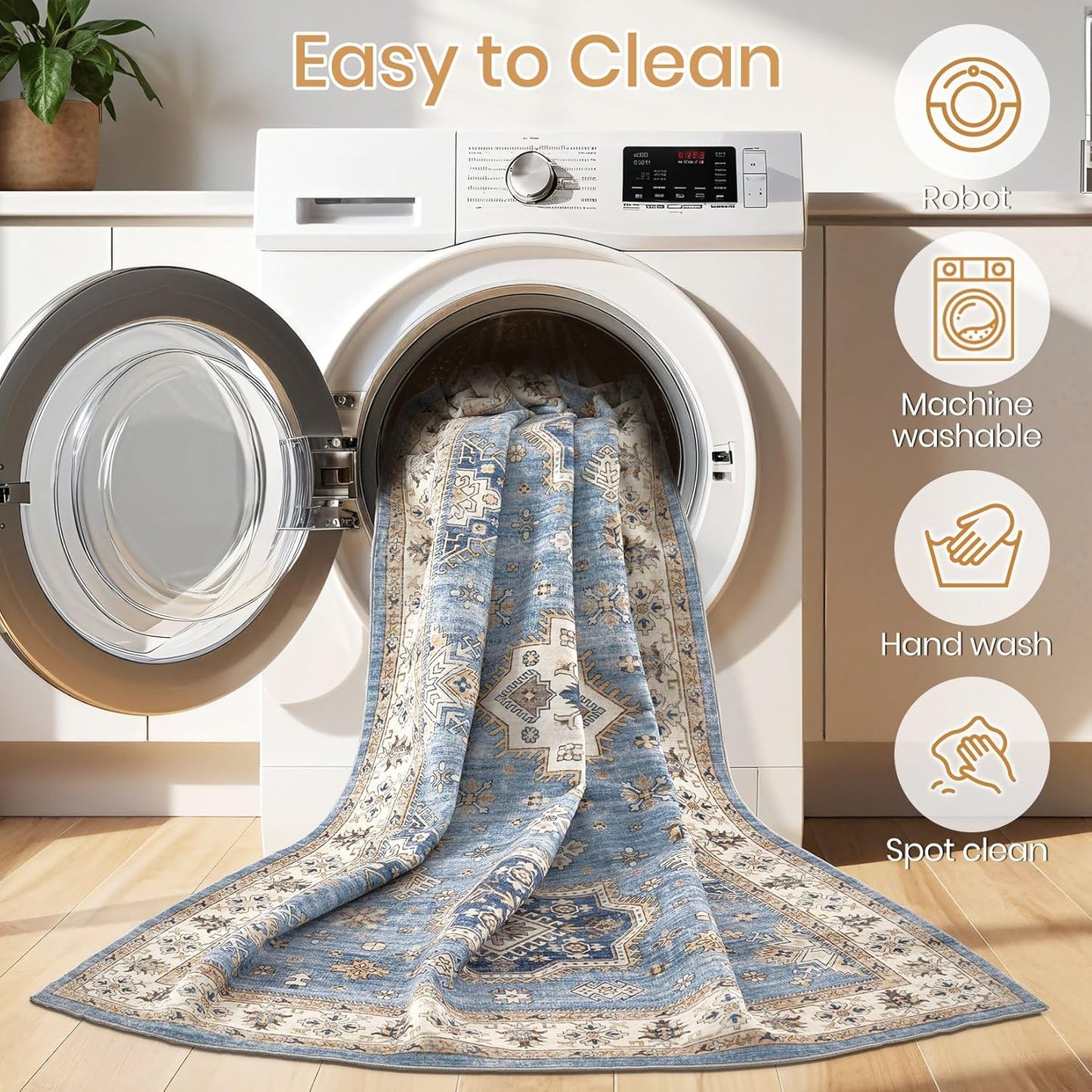 Washable Area Rugs for Living Room -10x13 Neutral Vintage Distressed Floral Farmhouse Boho Large Soft Floor Rug Indoor Non Slip Carpet for Living Room Bedroom Dining Room Office - Blue