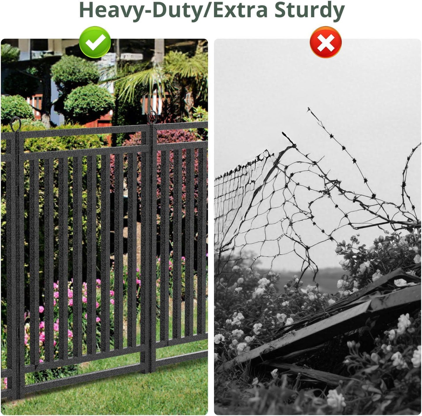 Decorative Garden Fence Metal Dog Fence Outdoor for Yard, 110ft (L) × 40in (H), 42 Panels + 6 Gates, Heavy Duty Animal Barrier Fencing for Patio & Flower Bed, No Dig, Black-Silver