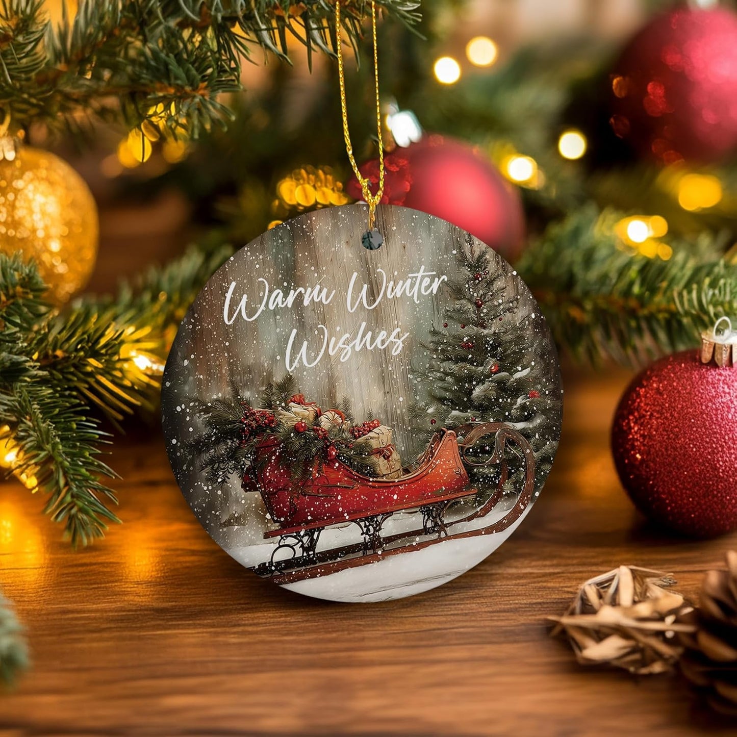 Vintage Rustic Christmas Ceramic Ornament Gifts, Farmhouse Winter Snowy Christmas Sleigh Decorative Hanging Ornaments for Xmas Tree Holiday Party Decoration, Winter Xmas Tree Decorations