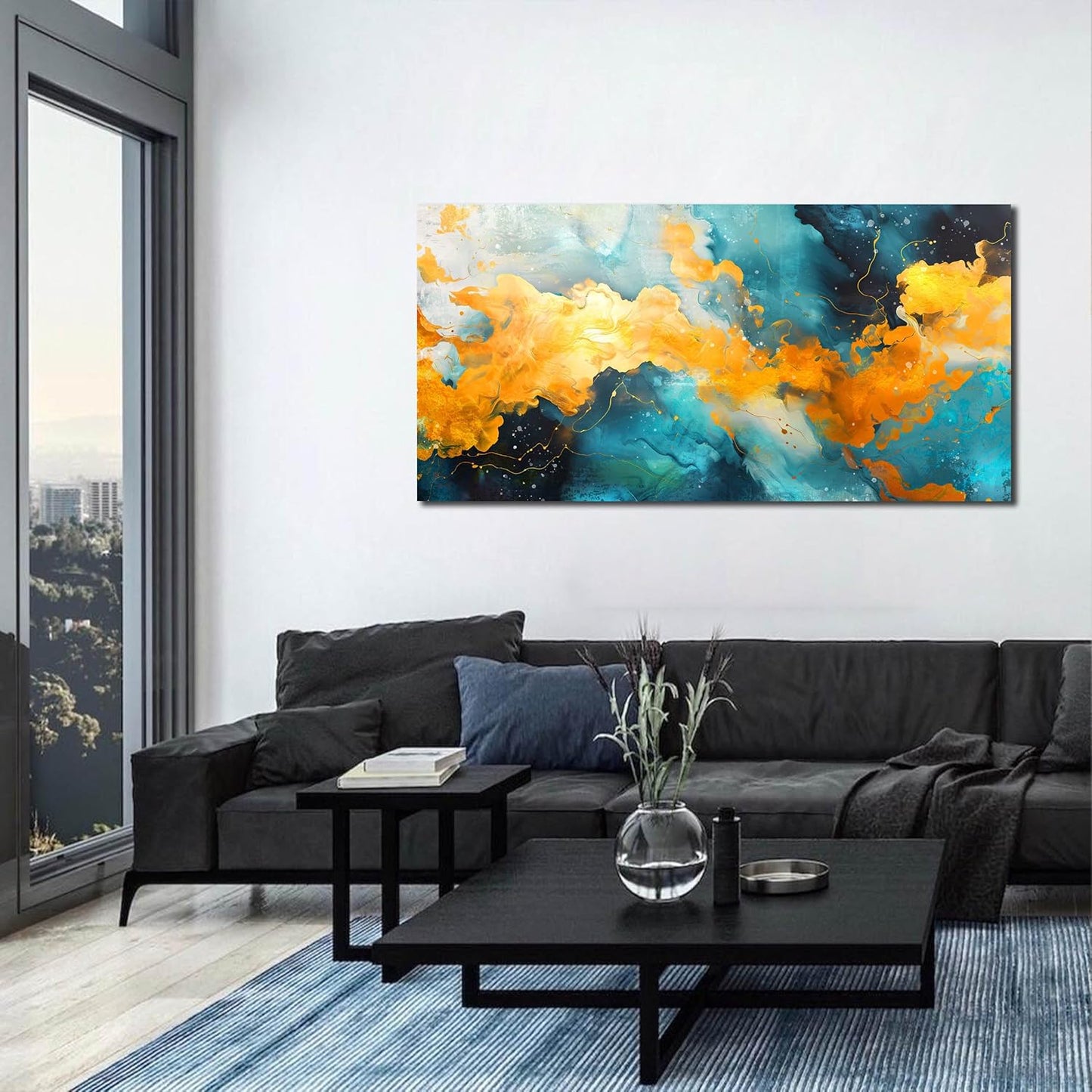 LAOTOART Colorful Abstract Canvas Art - Teal and Yellow Wall Art Living Room - Girls Bedroom Wall Decor Size 24" x 48"