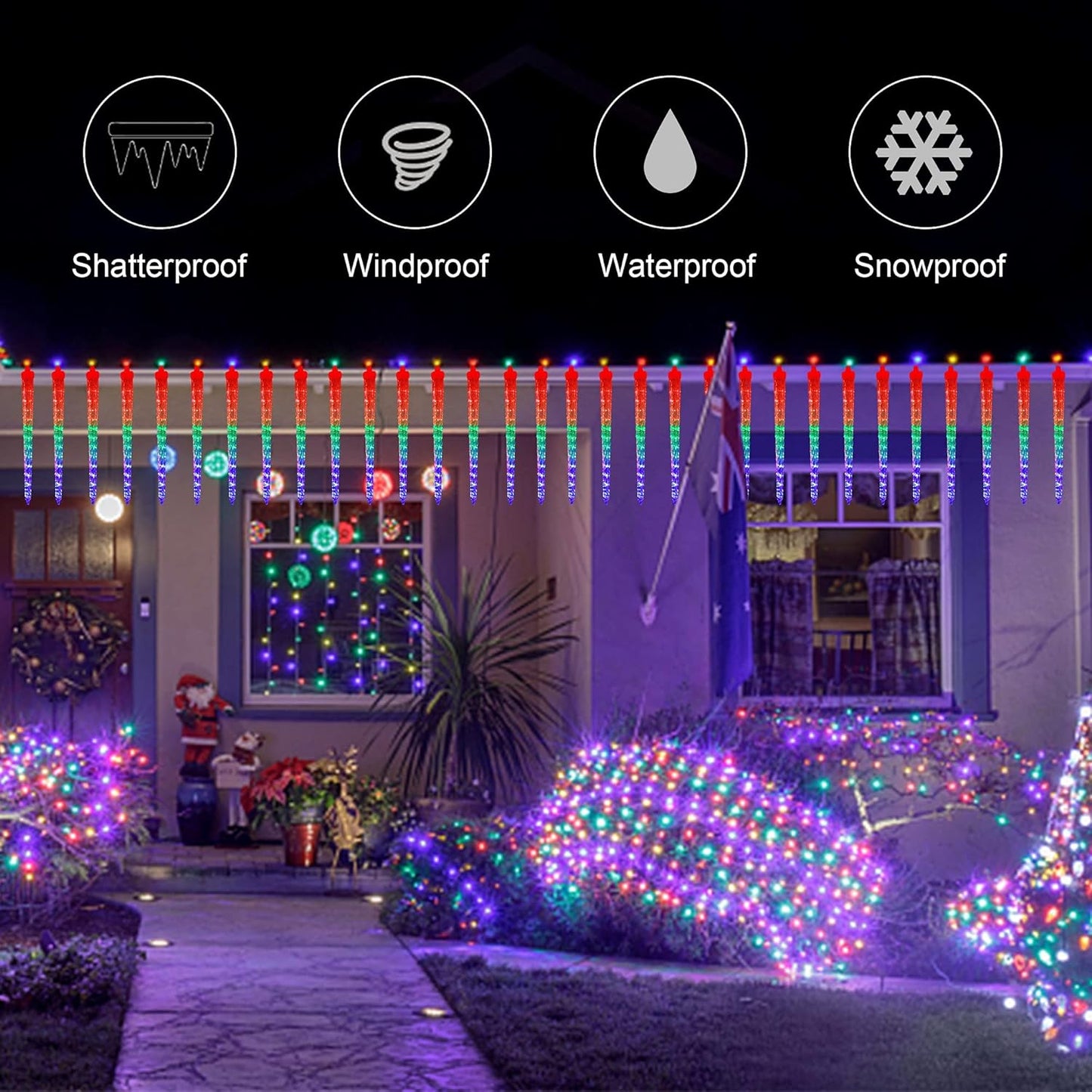 WATERGLIDE Meteor Shower Lights, 12" Outdoor Icicle Christmas Lights 8 Icicles 192 SMD LED Crystal Ice Falling Light, Connectable Raindrop Light, Xmas Winter Party Tree Holiday Decor, Multicolor